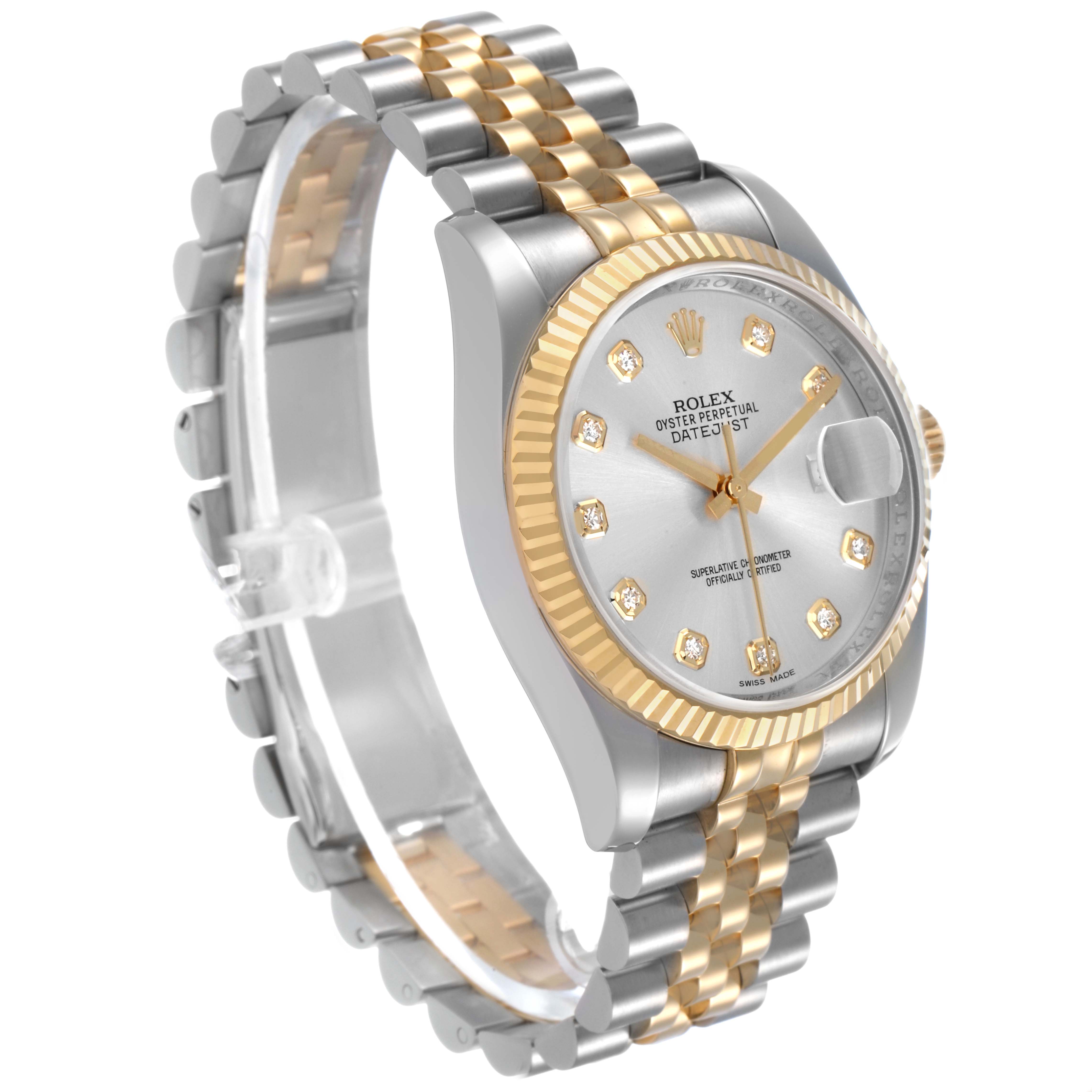 The Rolex Datejust 116233 Men's Steel and Gold (two tone) Silver Dial watch is shown at a three-quarter angle, highlighting its two-tone bracelet, fluted bezel, and diamond markers.