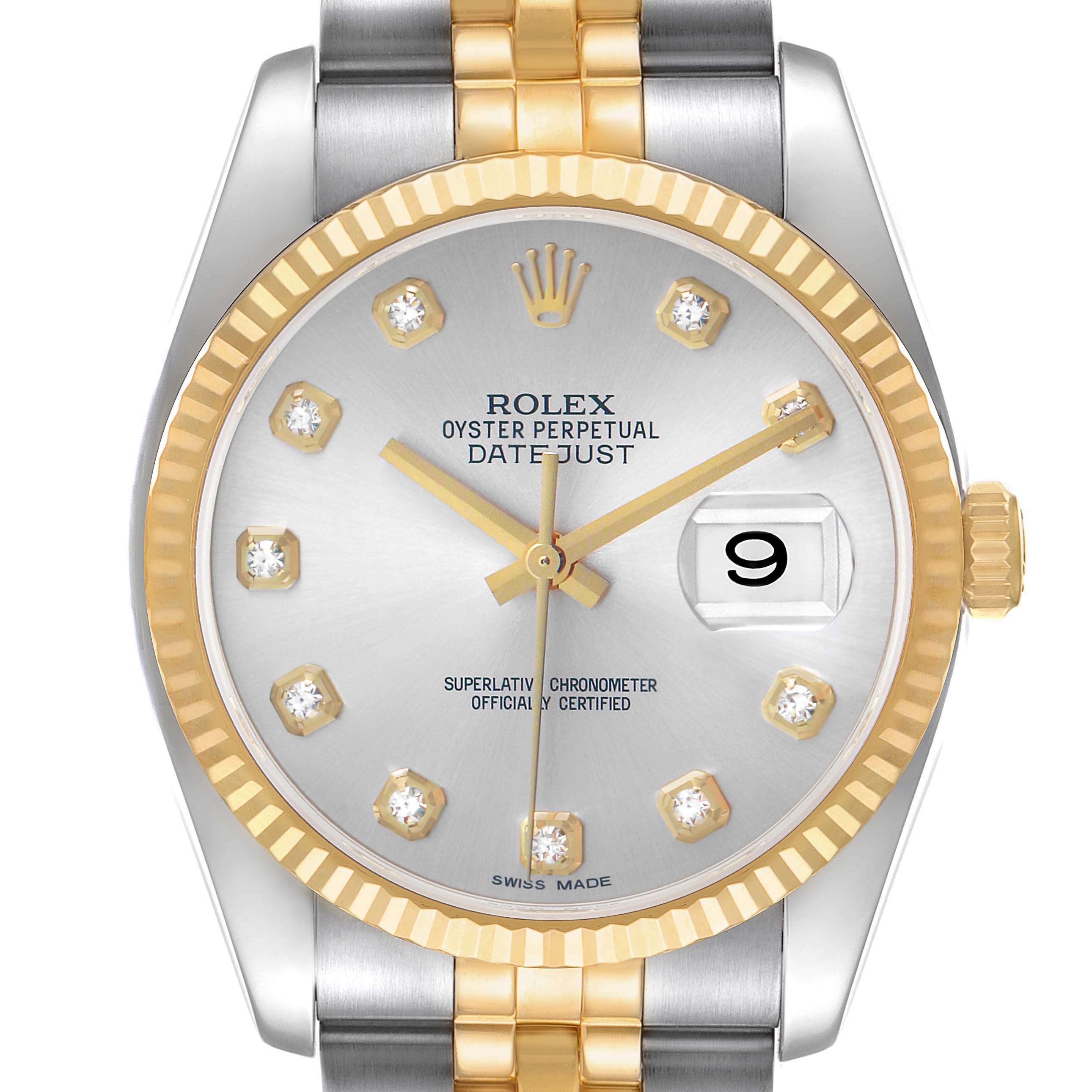 The image shows a face-on view of the Rolex Datejust 116233 Men's Steel and Gold (two tone) Silver Dial, highlighting the dial, fluted bezel, and date window.
