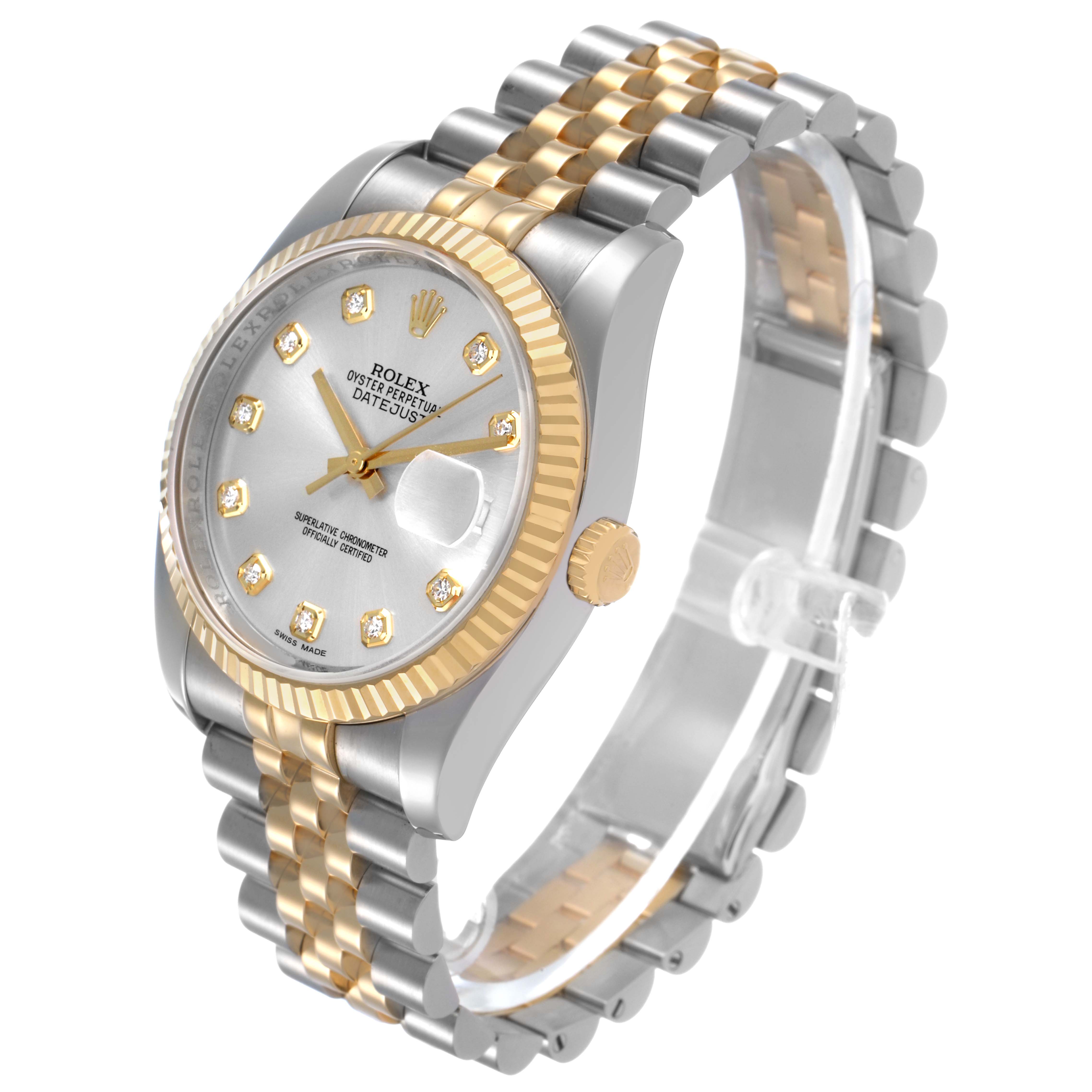 The Rolex Datejust 116233 Men's Steel and Gold (two tone) Silver Dial watch is shown at a slight angle, highlighting the face, fluted bezel, and two-tone Jubilee bracelet.