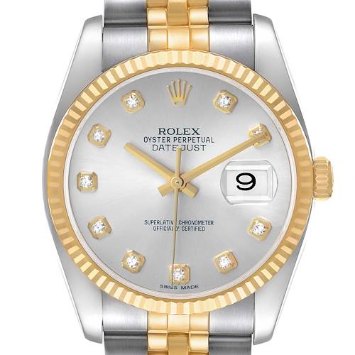 The Rolex Datejust 116233 Men's Steel and Gold (two tone) Silver Dial watch is shown from the front, highlighting the dial, bezel, crown, and part of the bracelet.