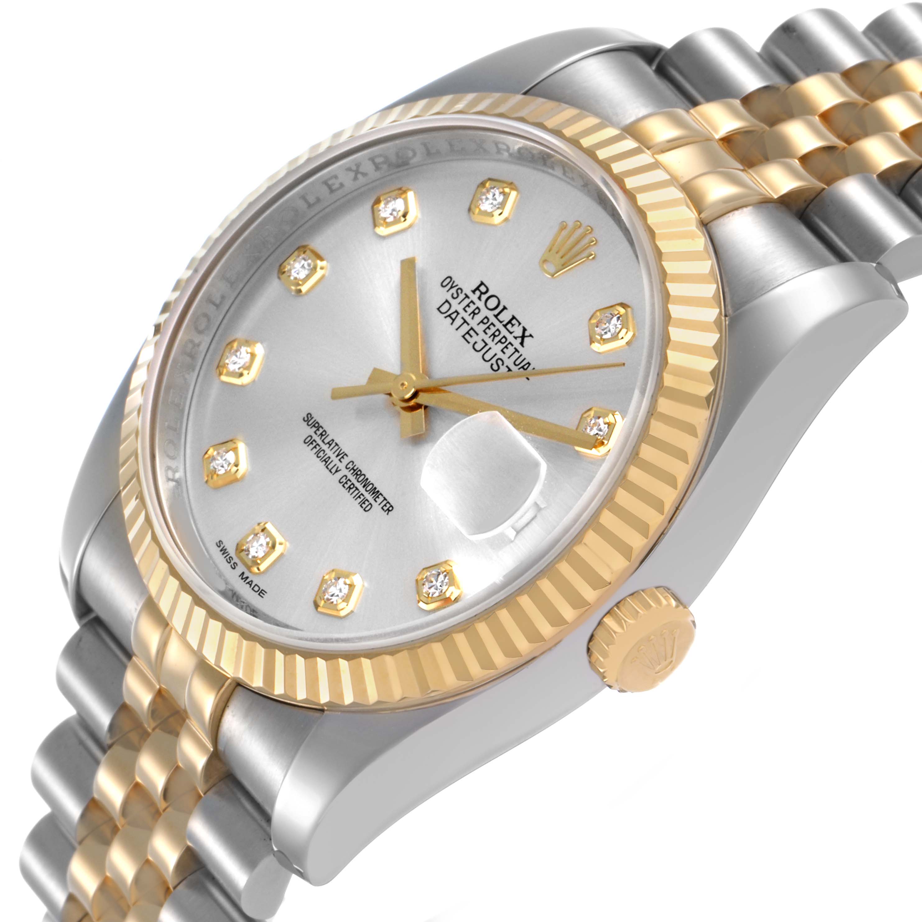 The Rolex Datejust 116233 Men's Steel and Gold (two tone) Silver Dial watch is shown at an angle highlighting the bezel, dial, crown, and Jubilee bracelet.