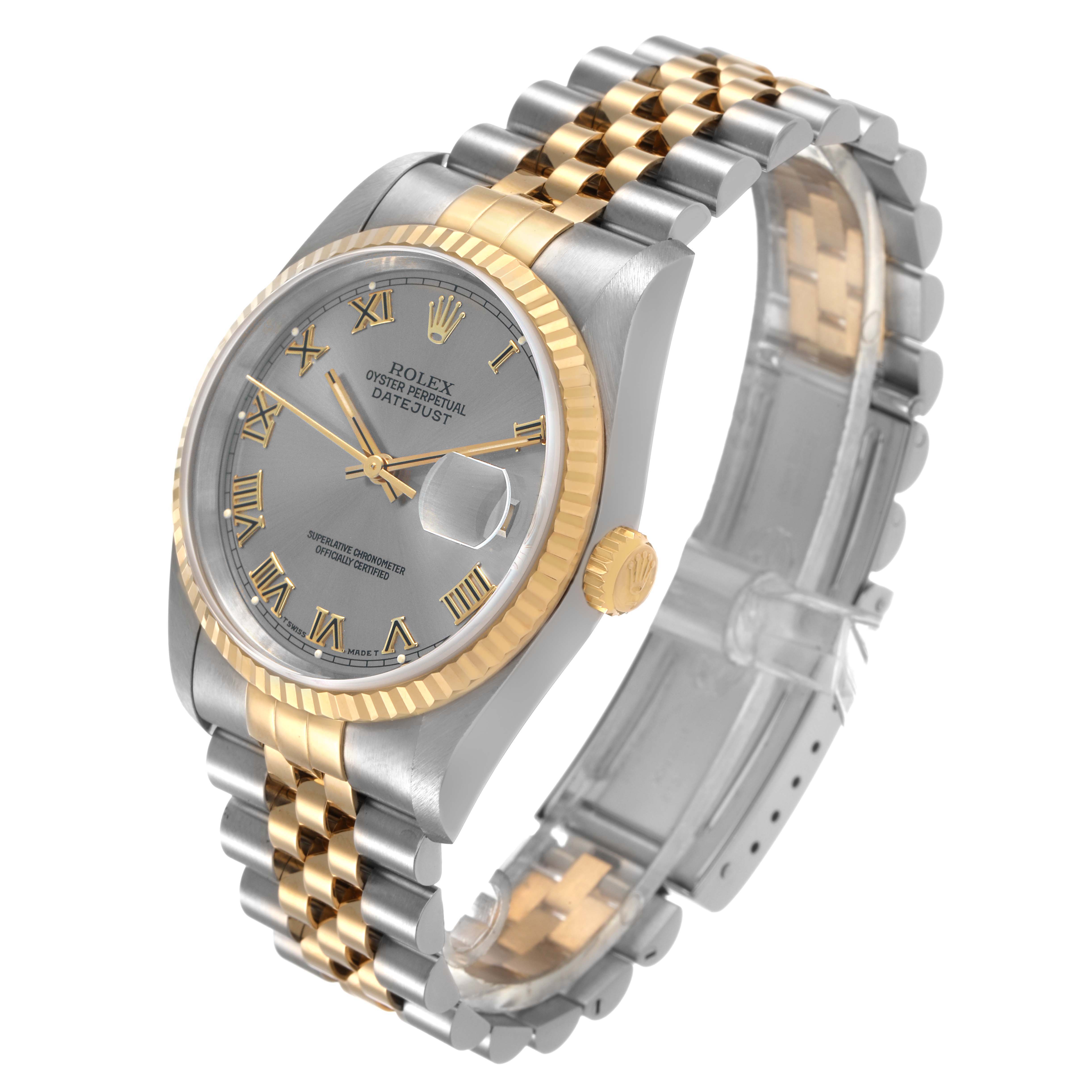 The image shows a Rolex Datejust 16233 Men's Stainless Steel Grey Dial watch at a three-quarter angle, highlighting the dial, two-tone bracelet, and fluted bezel.