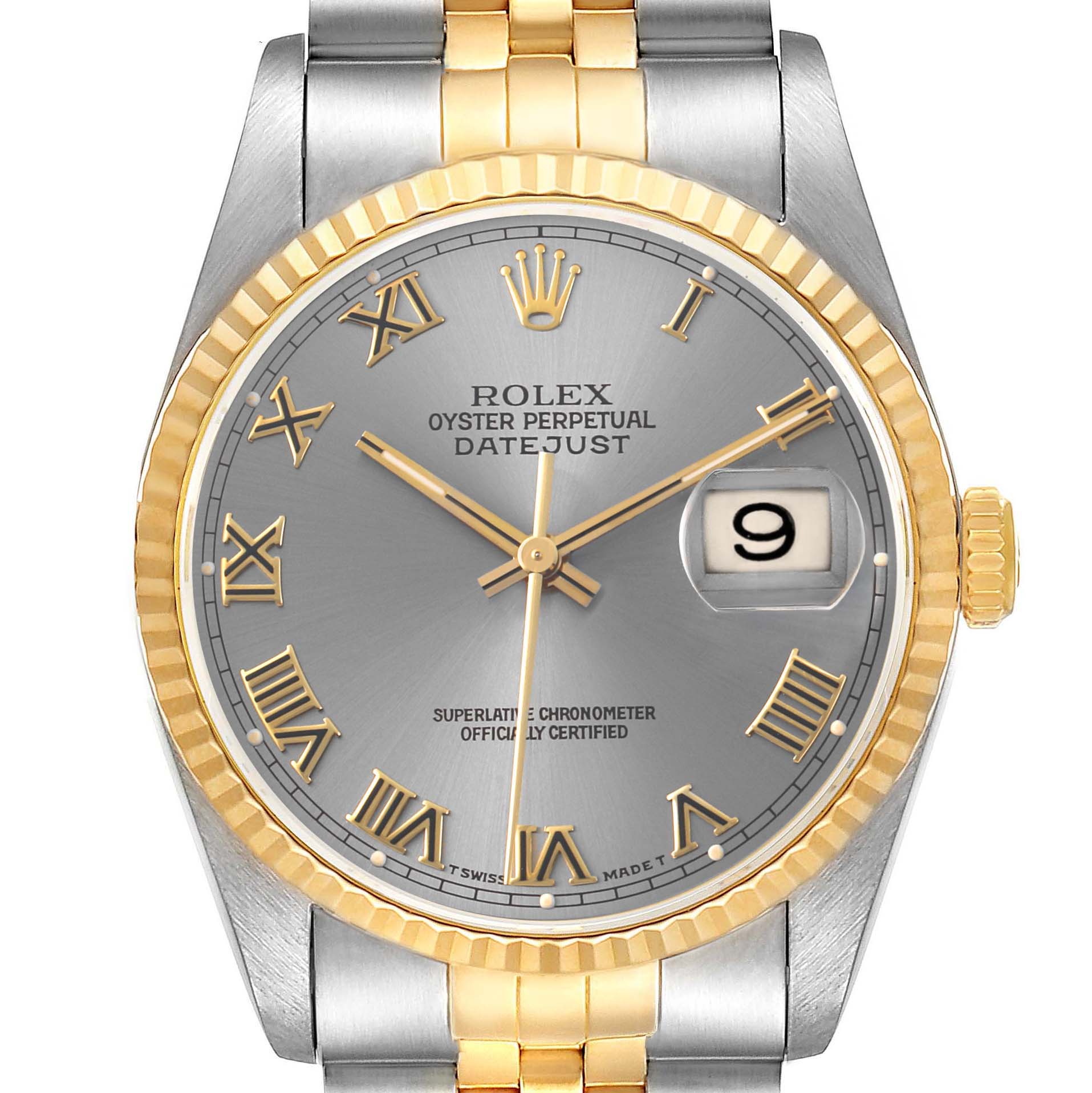 This Rolex Datejust 16233 Men's Stainless Steel Grey Dial watch is shown from a frontal angle, highlighting its dial, bezel, and part of the bracelet.