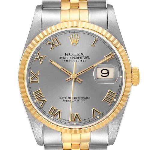 The Rolex Datejust 16233 Men's Stainless Steel Grey Dial watch is shown from a front angle, highlighting the dial, hands, fluted bezel, and part of the bracelet.