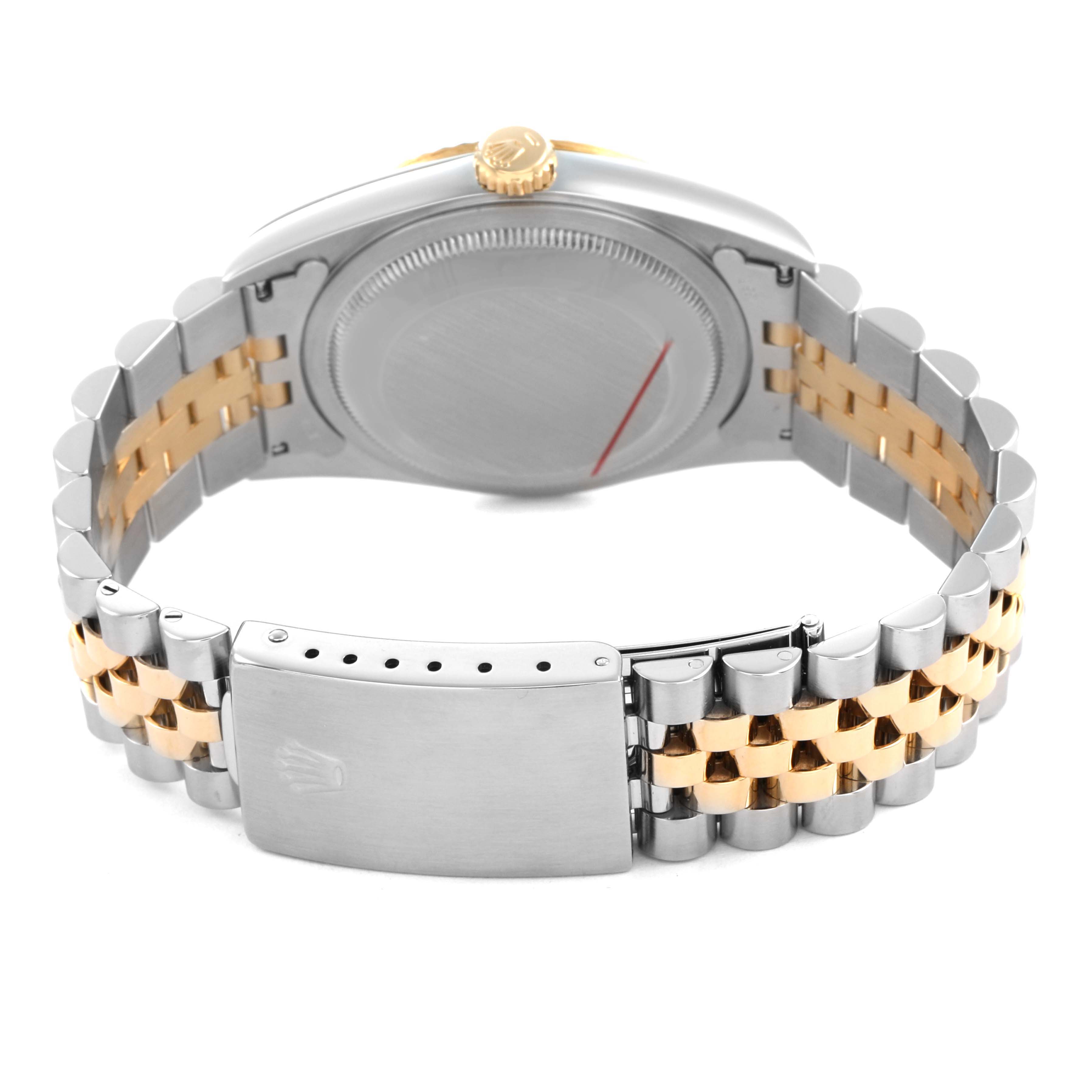 The image shows a rear view of a Rolex Datejust 16233 Men's Stainless Steel Grey Dial, highlighting the case back, crown, and Jubilee bracelet clasp.