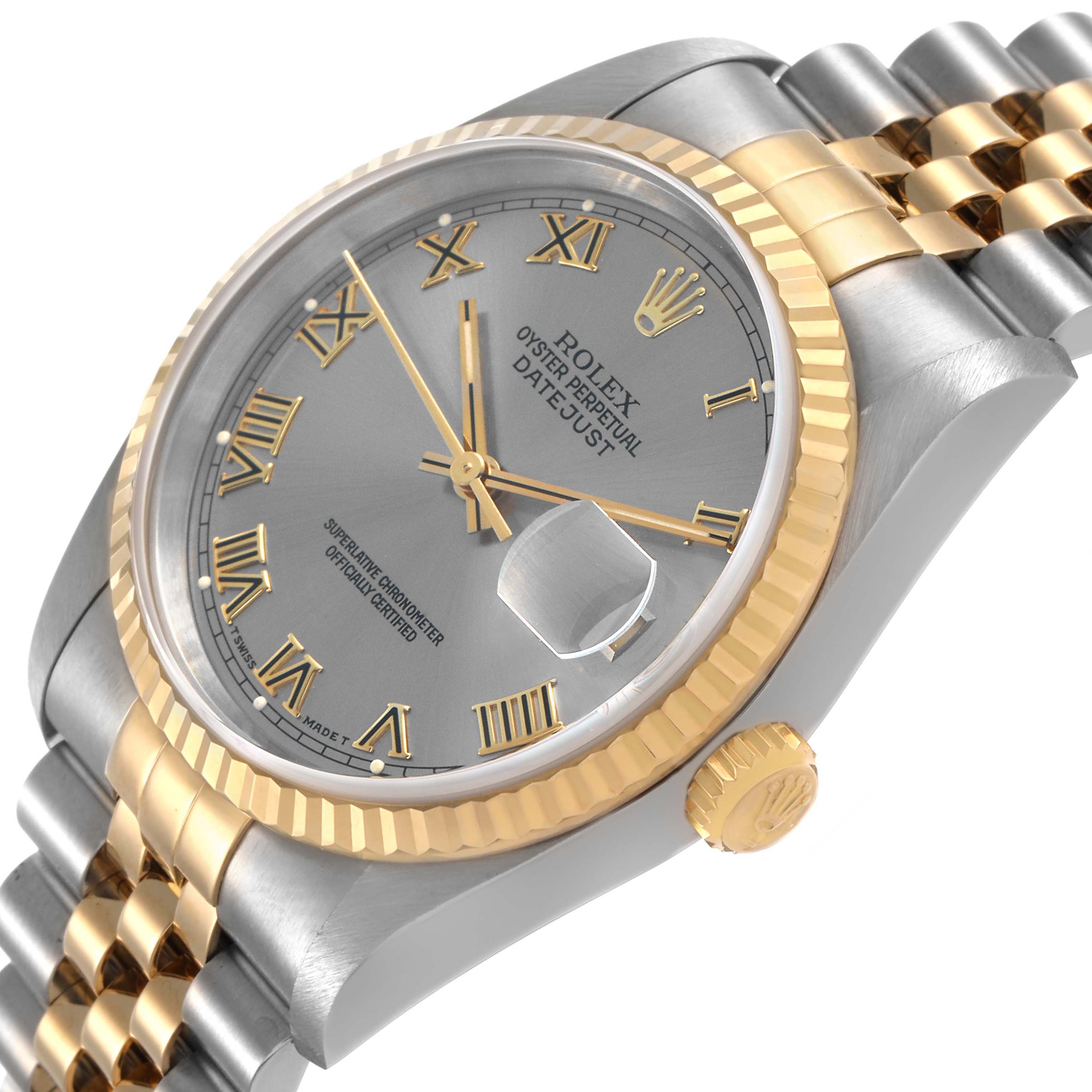 The Rolex Datejust 16233 Men's Stainless Steel Grey Dial watch is shown at an angled view displaying the dial, bezel, crown, and bracelet.