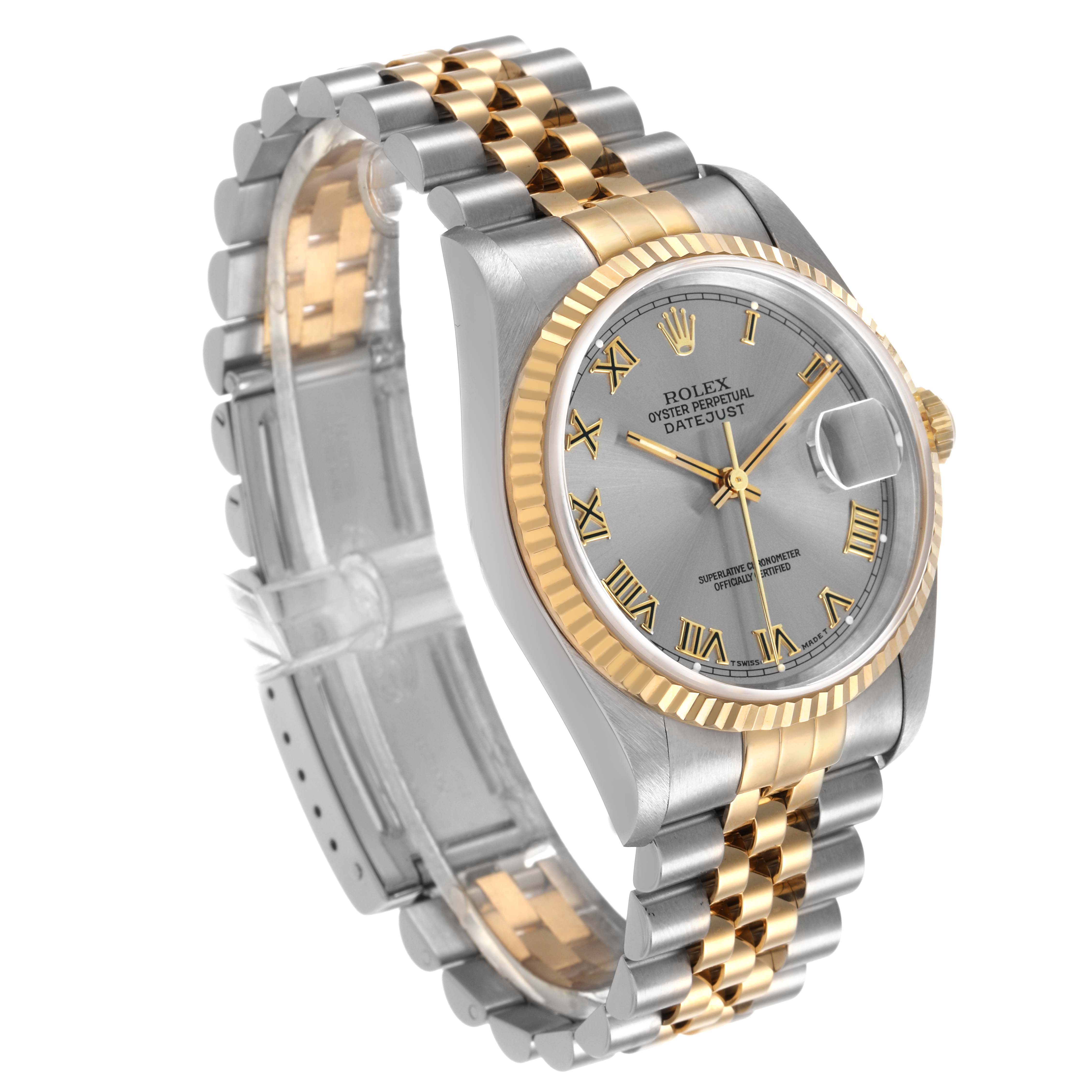 The Rolex Datejust 16233 Men's Stainless Steel Grey Dial watch is shown at a three-quarter angle, highlighting the face, bezel, and two-tone bracelet.