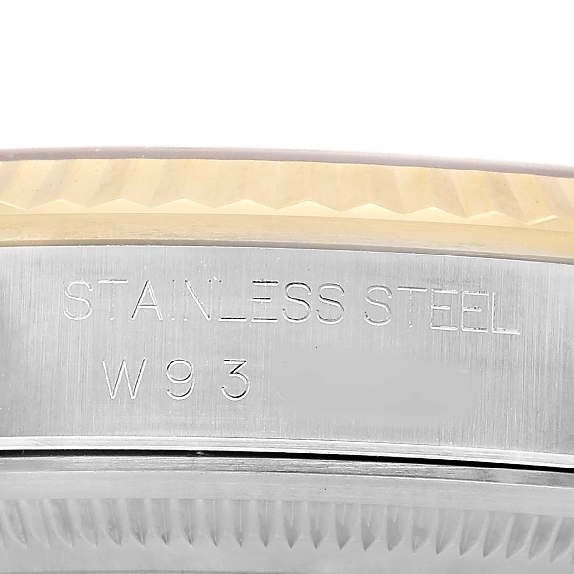 The image shows a close-up of the side of the Rolex Datejust 16233 Men's Stainless Steel Grey Dial, highlighting the stainless steel case and edge of the bezel.