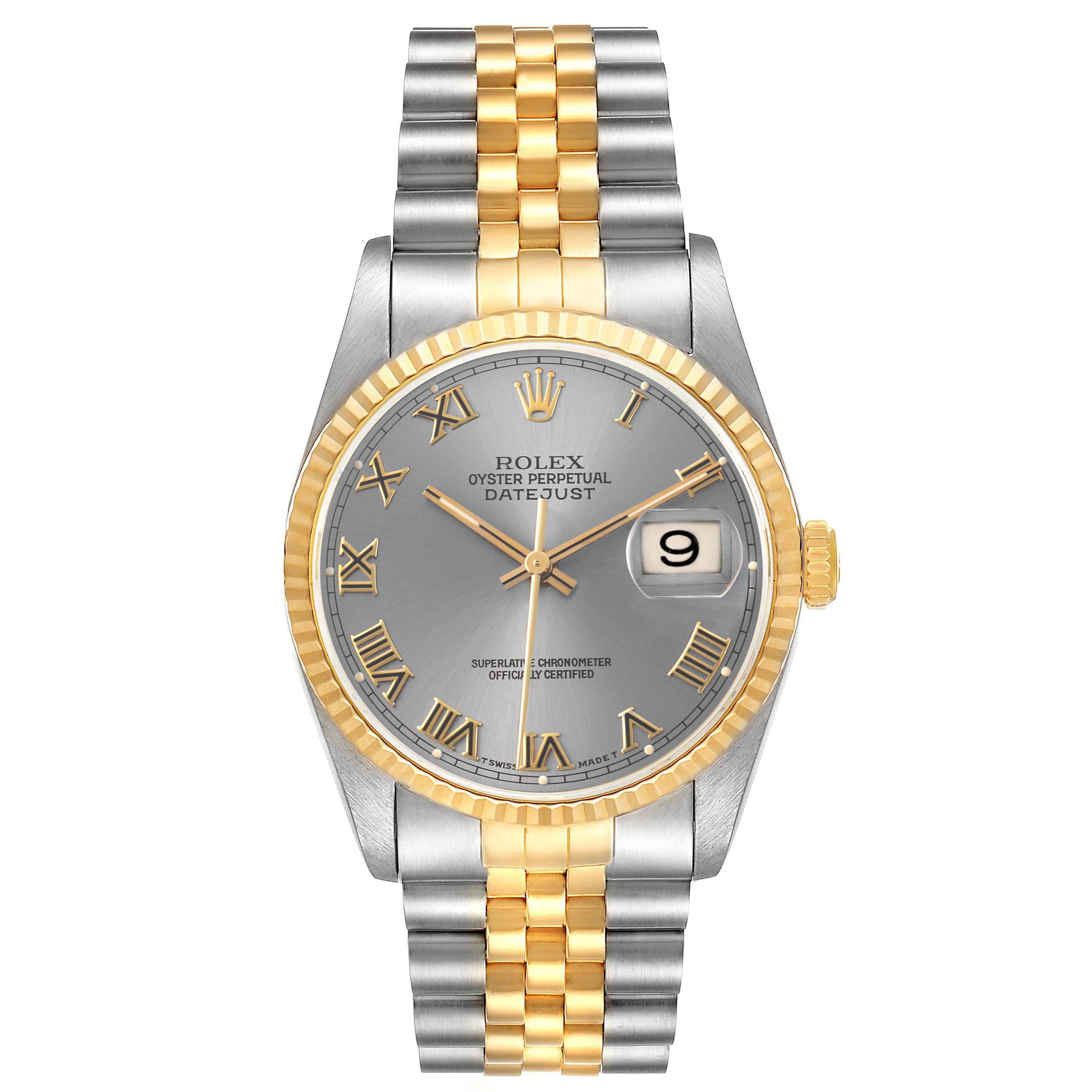 The Rolex Datejust 16233 Men's Stainless Steel Grey Dial watch is shown from a top view, highlighting its silver and gold jubilee bracelet and fluted bezel.
