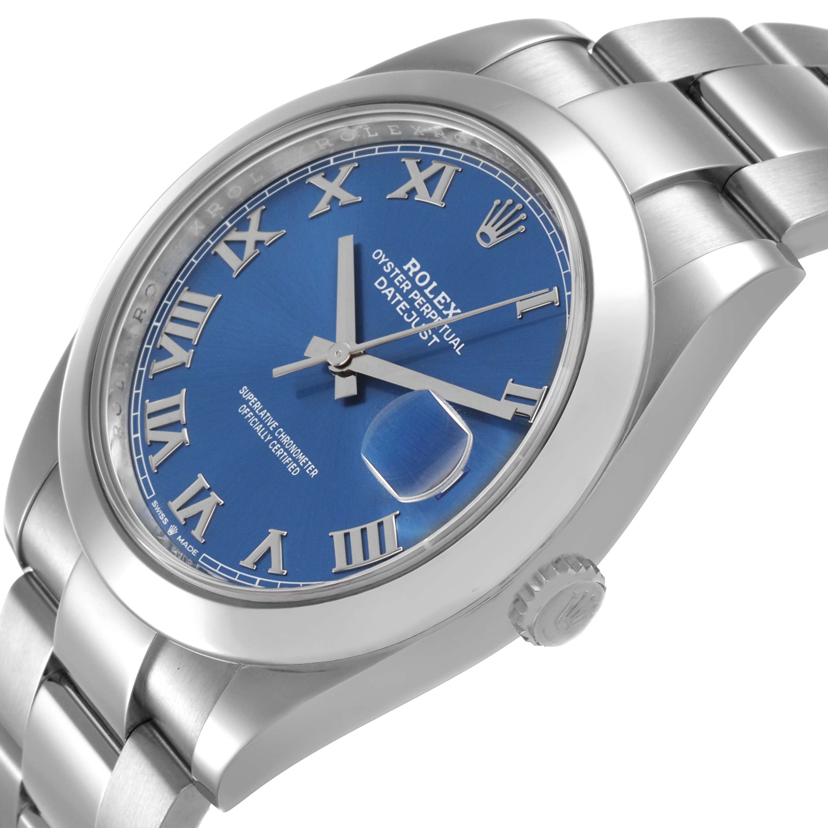 The Rolex Datejust 126300 Men's Stainless Steel Blue Dial watch is shown at a slight angle, showcasing the dial, crown, and bracelet links.