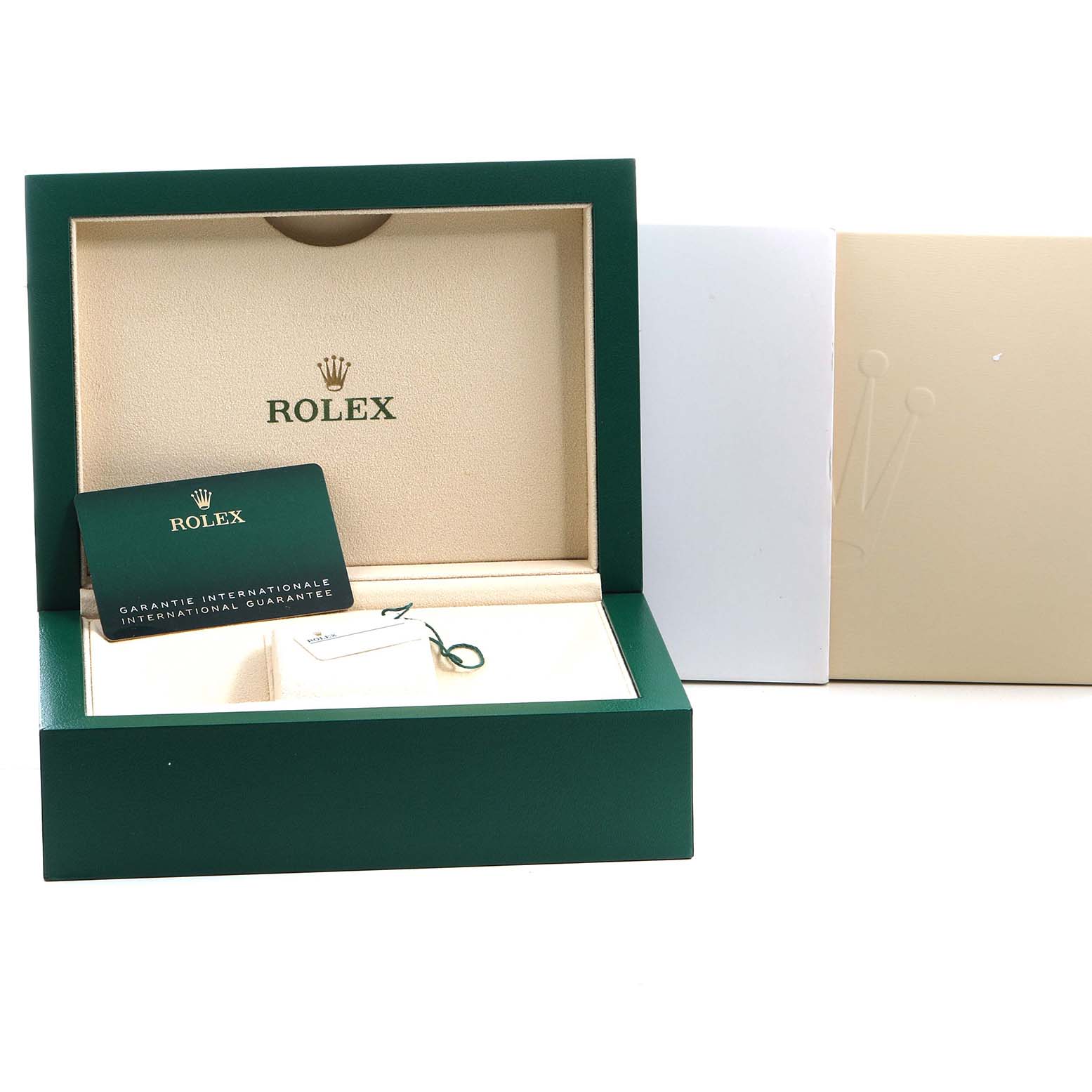 The image shows a Rolex Datejust 126300 Men's Stainless Steel Blue Dial box open, revealing the interior, a warranty card, and a tag.