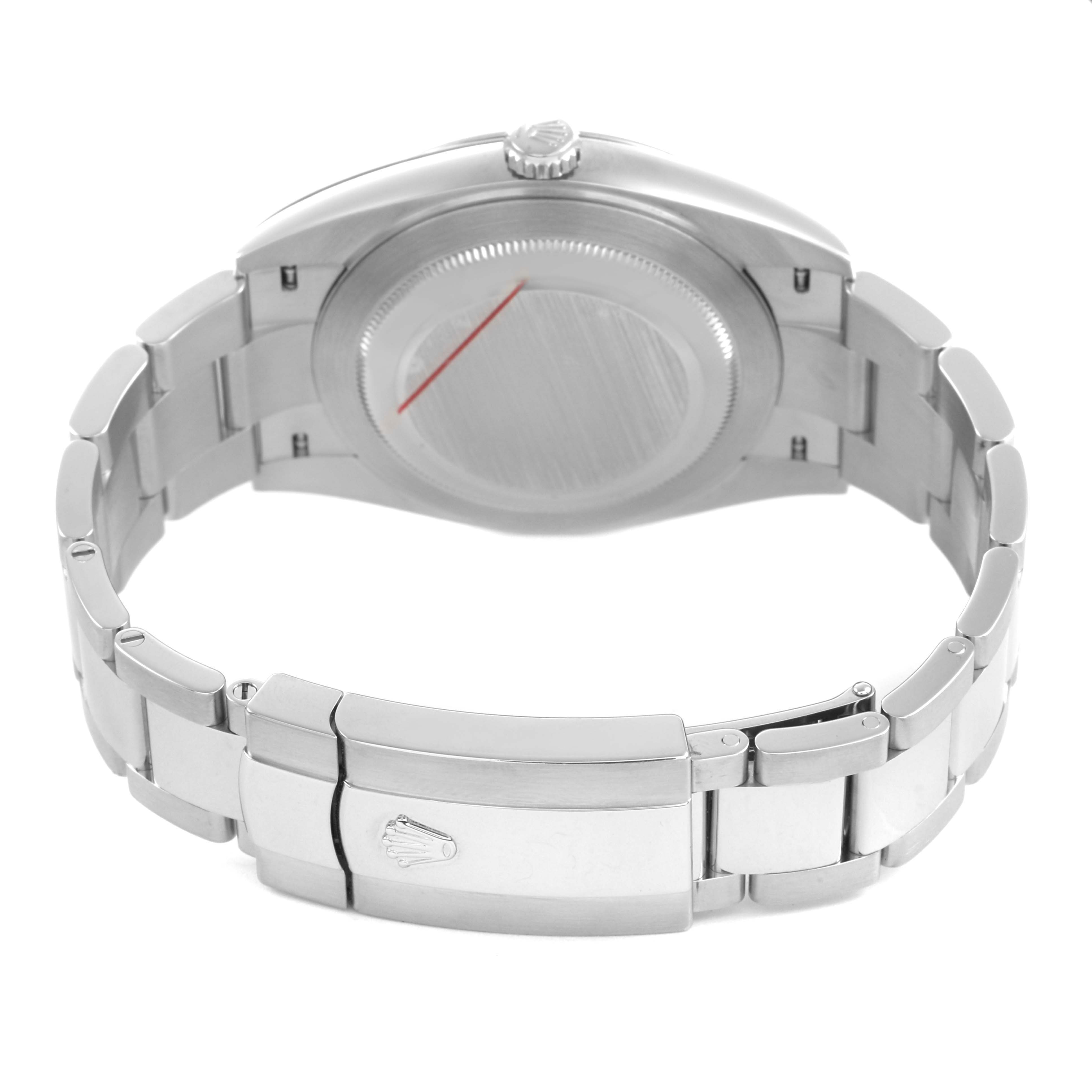 The image shows a Rolex Datejust 126300 Men's Stainless Steel Blue Dial watch from the back, highlighting the clasp, bracelet, and caseback.