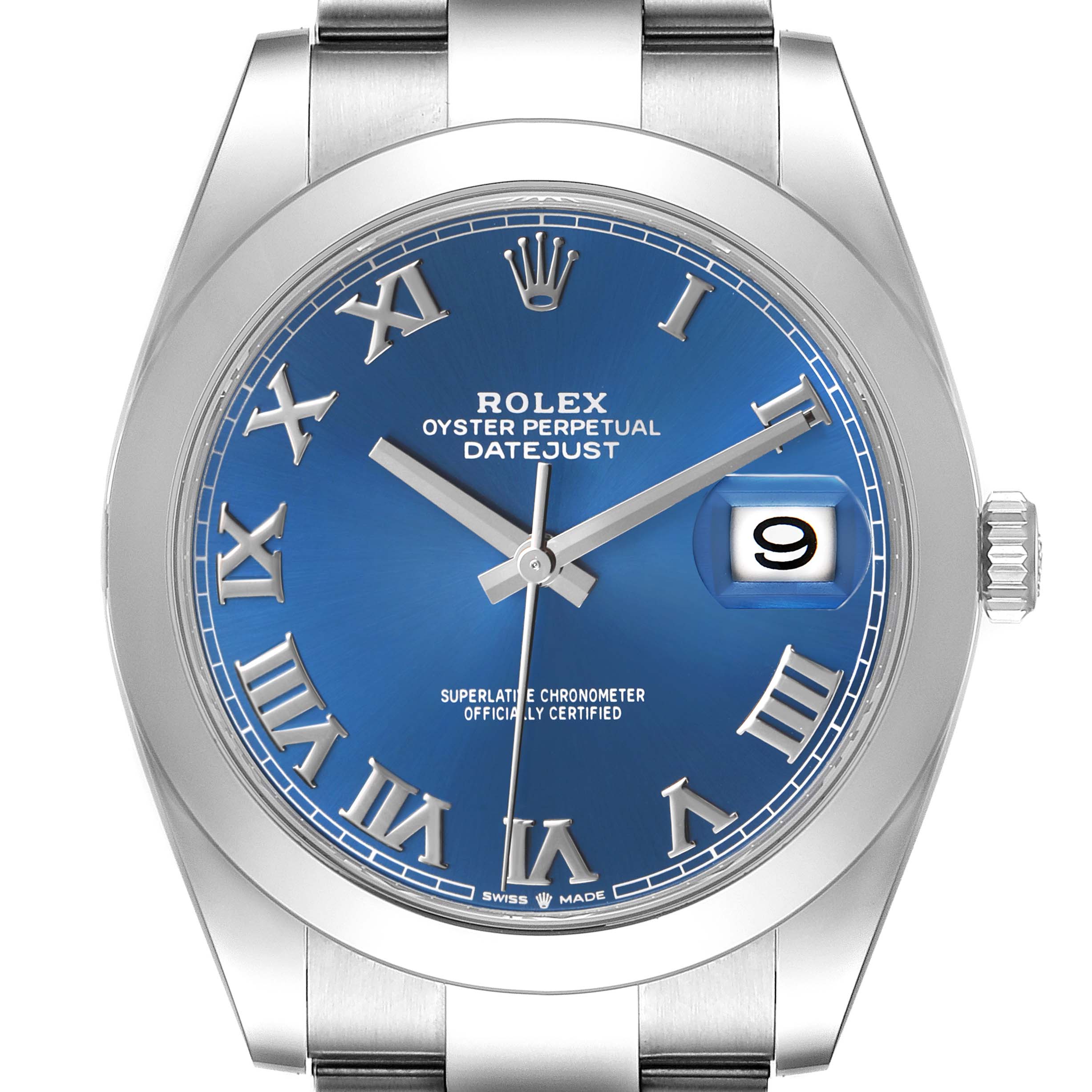 The Rolex Datejust 126300 Men's Stainless Steel Blue Dial watch is shown from a top-down angle, highlighting its blue dial, bezel, hands, and Roman numerals.