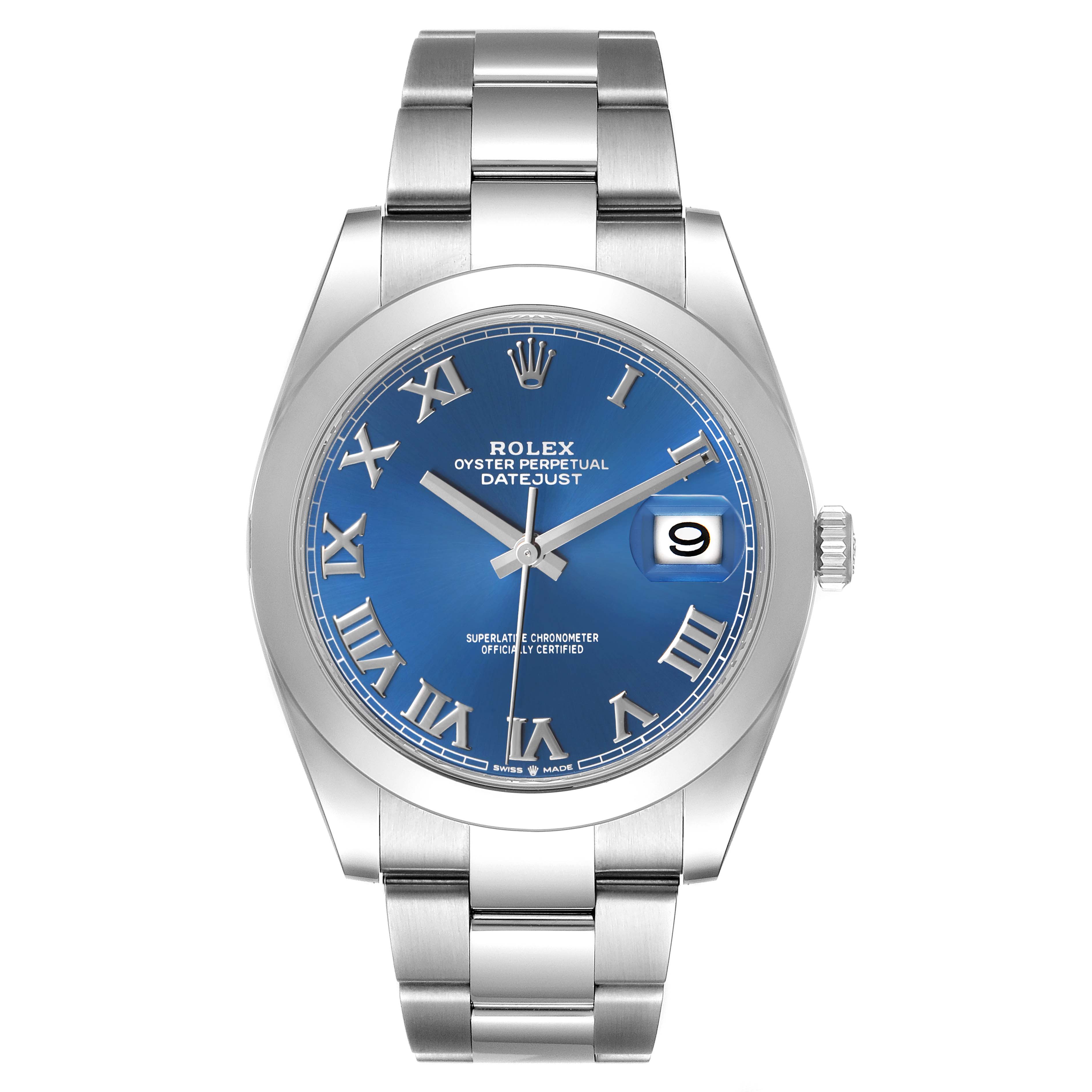 The Rolex Datejust 126300 Men's Stainless Steel Blue Dial watch is shown from the front, displaying the blue dial, Roman numerals, date window, and stainless steel bracelet.