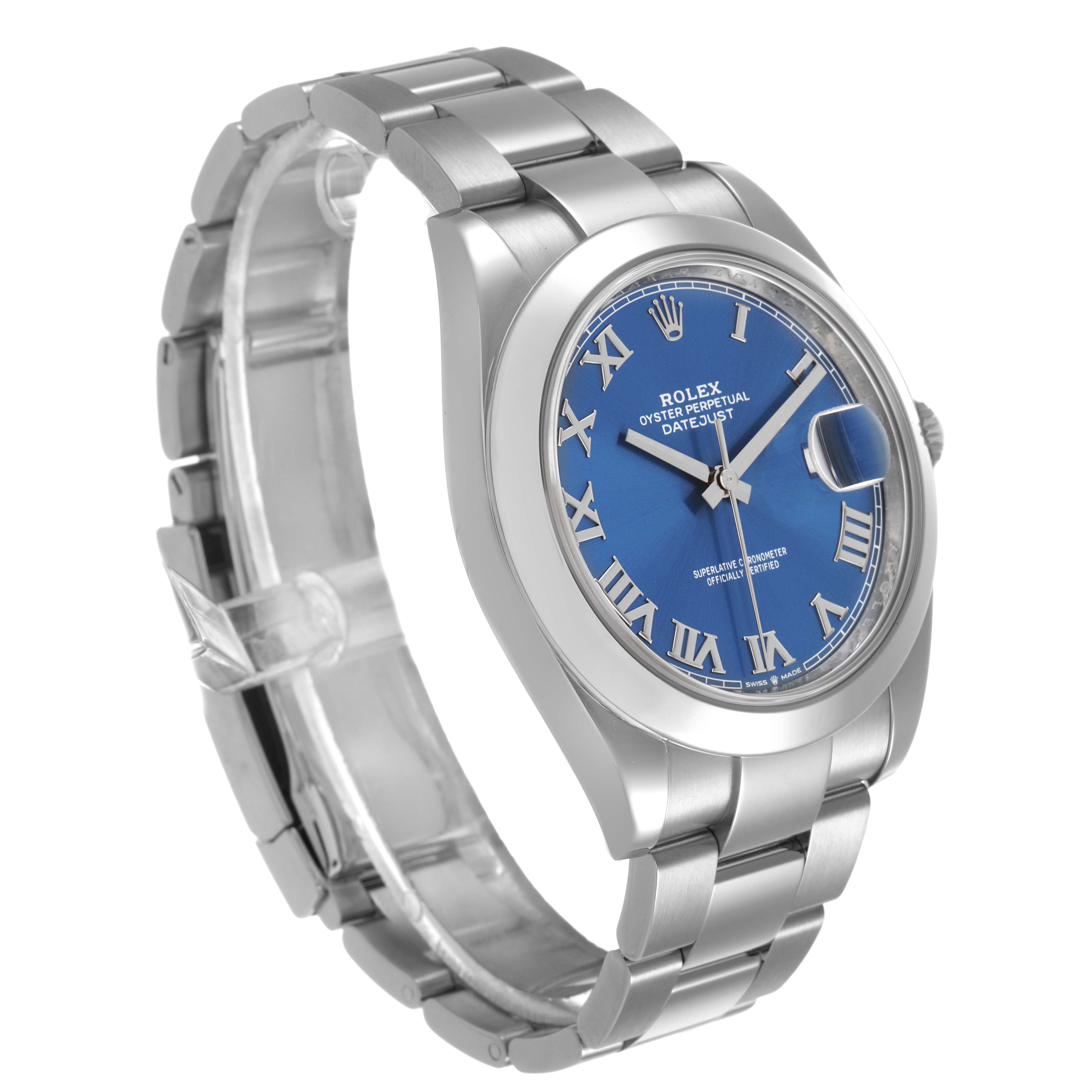 The Rolex Datejust 126300 Men's Stainless Steel Blue Dial watch is shown at a three-quarter angle, highlighting the face, bezel, case, bracelet, and crown.