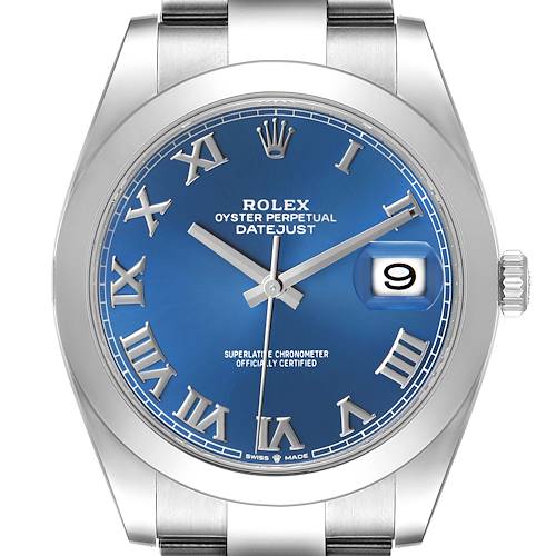 The Rolex Datejust 126300 Men's Stainless Steel Blue Dial watch is shown from a front angle, highlighting its blue dial, Roman numerals, and date window.