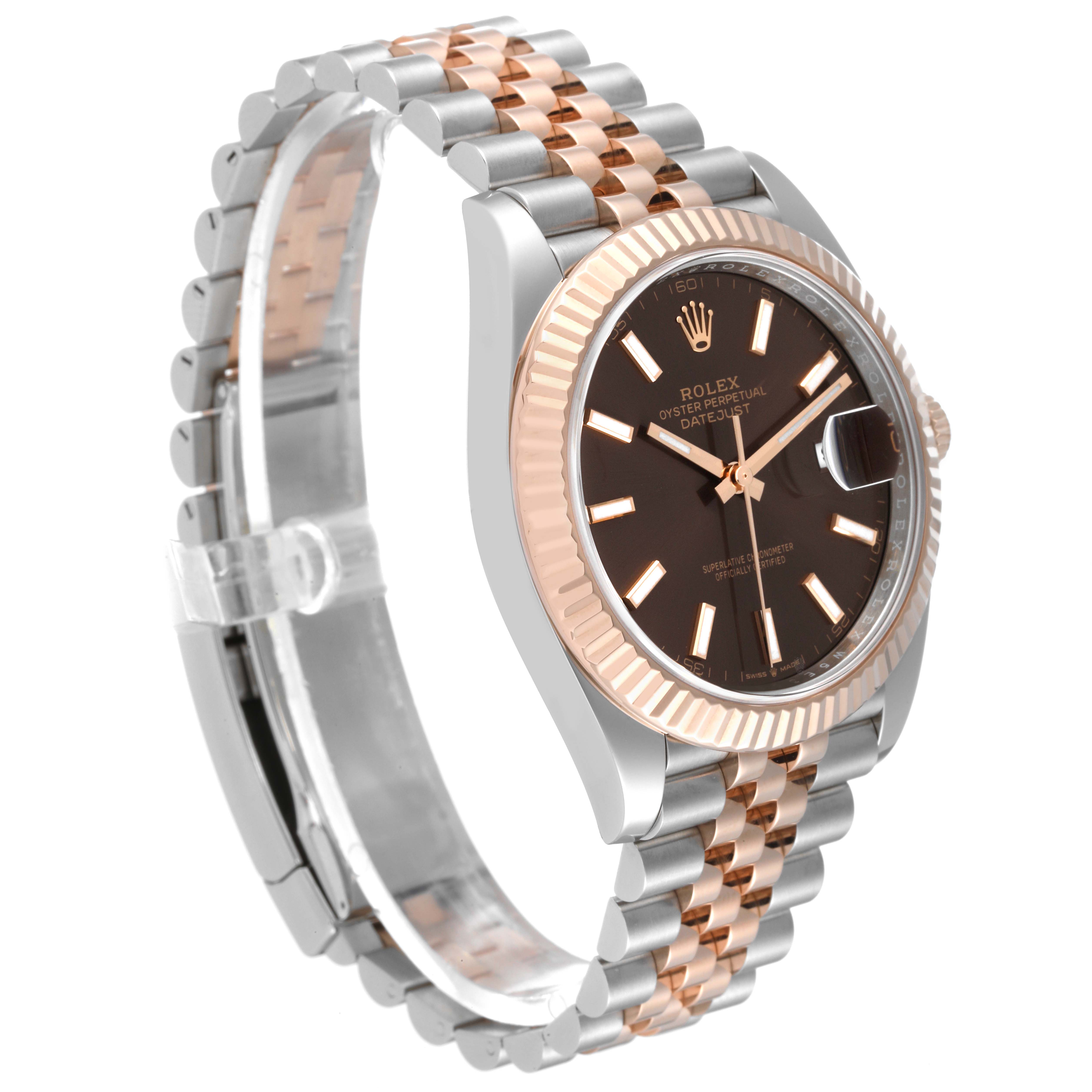 This image shows a Rolex Datejust 41 126331 Men's Steel and Gold (two tone) Brown Dial 126331 Men's Steel and Gold (two tone) Brown Dial watch at a slight angle, highlighting the dial, bezel, and bracelet.