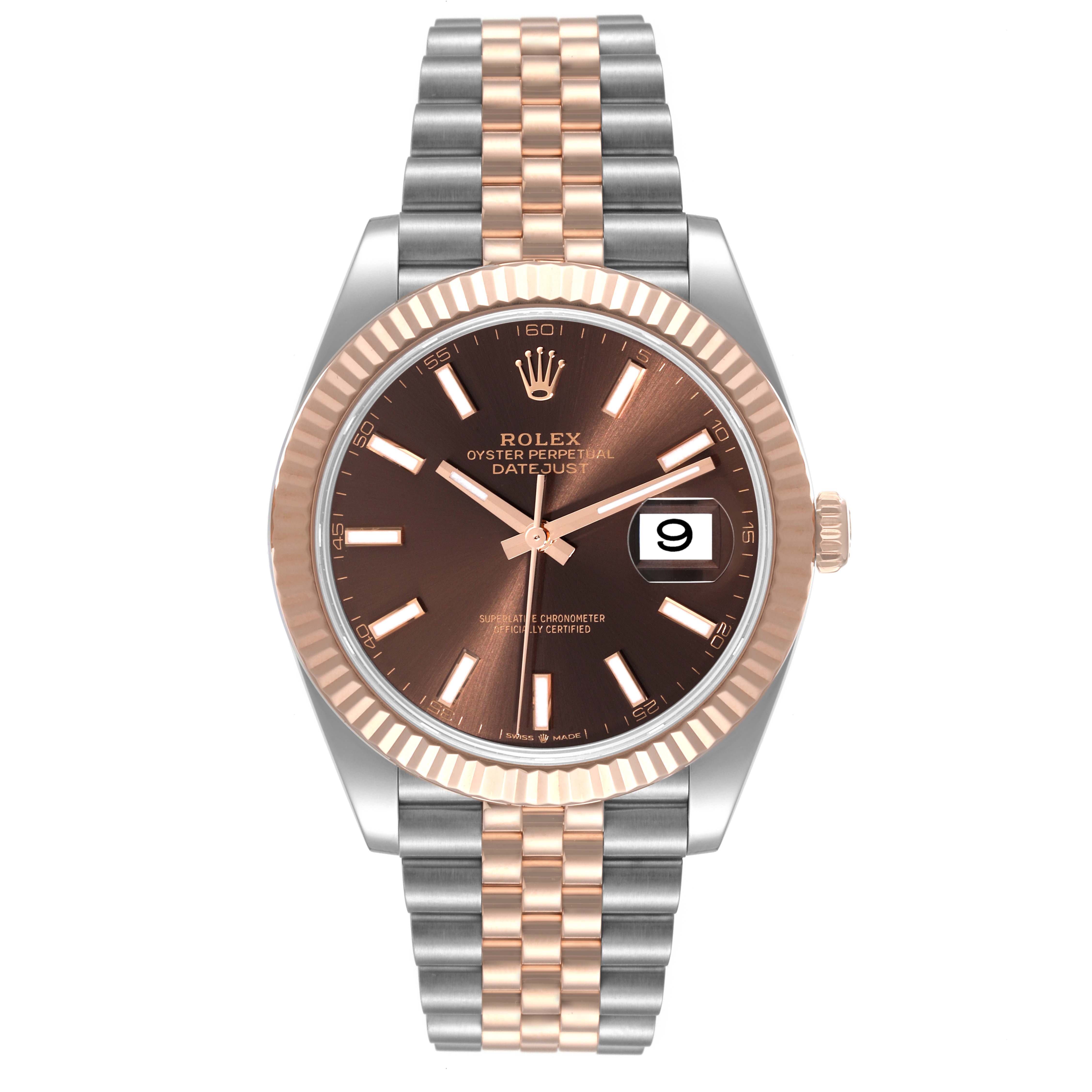The image shows a frontal view of a Rolex Datejust 41 126331 Men's Steel and Gold (two tone) Brown Dial 126331 Men's Steel and Gold (two tone) Brown Dial watch featuring a two-tone bracelet and a brown dial.
