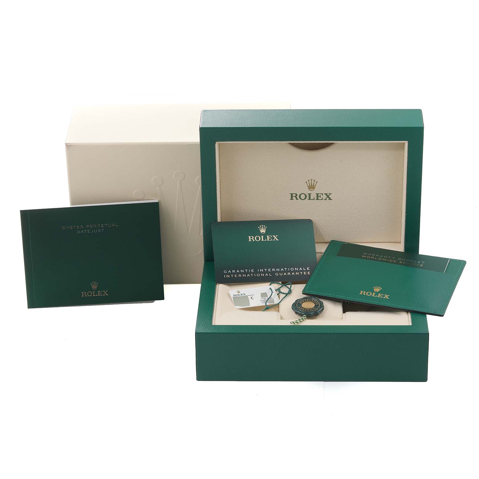 The image shows the packaging, instruction manuals, and warranty cards for the Rolex Datejust 41 126331 Men's Steel and Gold (two tone) Brown Dial 126331 Men's Steel and Gold (two tone) Brown Dial model.