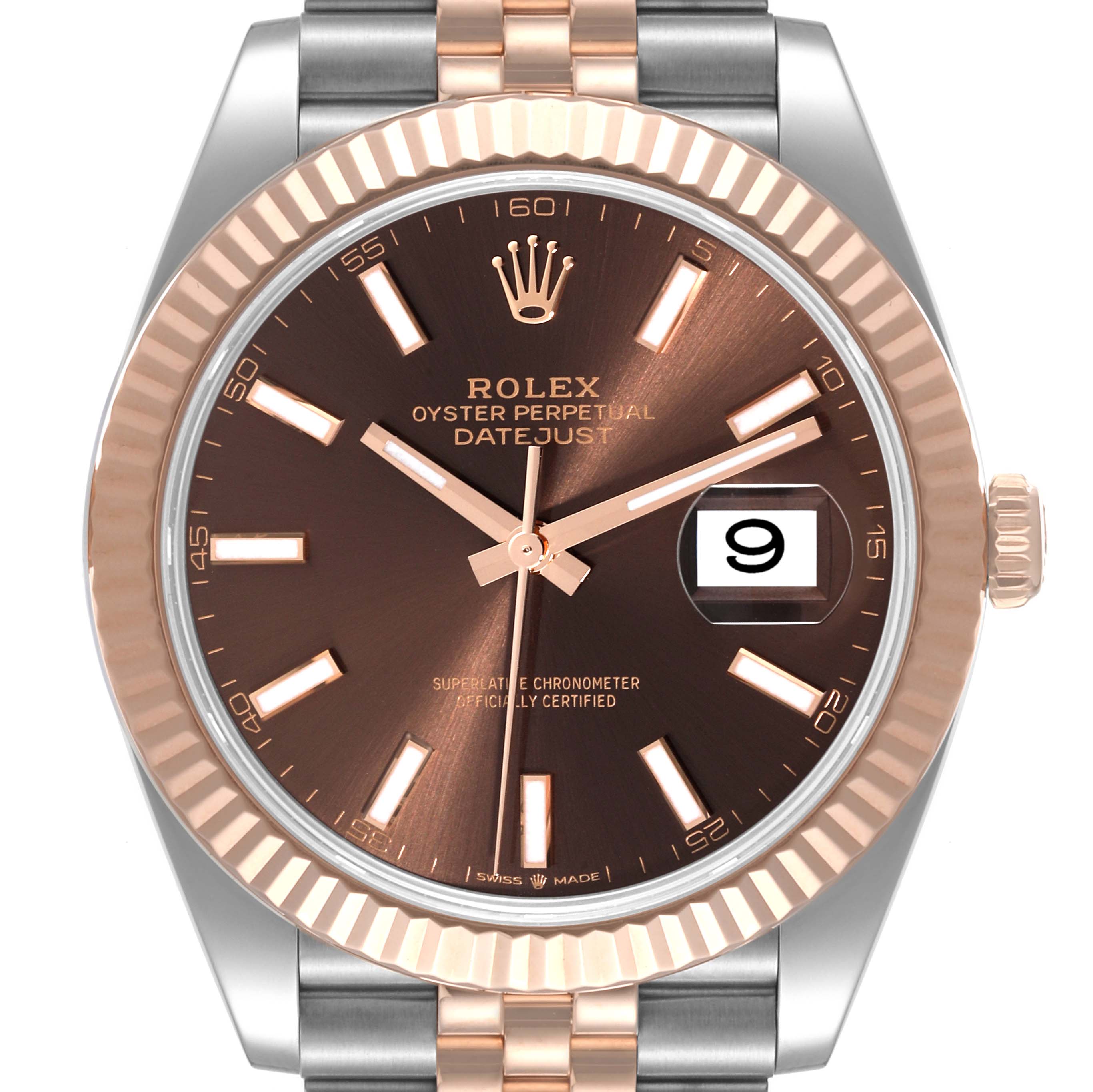 This is a front view of the Rolex Datejust 41 126331 Men's Steel and Gold (two tone) Brown Dial 126331 Men's Steel and Gold (two tone) Brown Dial watch showing the dial, bezel, crown, and part of the bracelet.