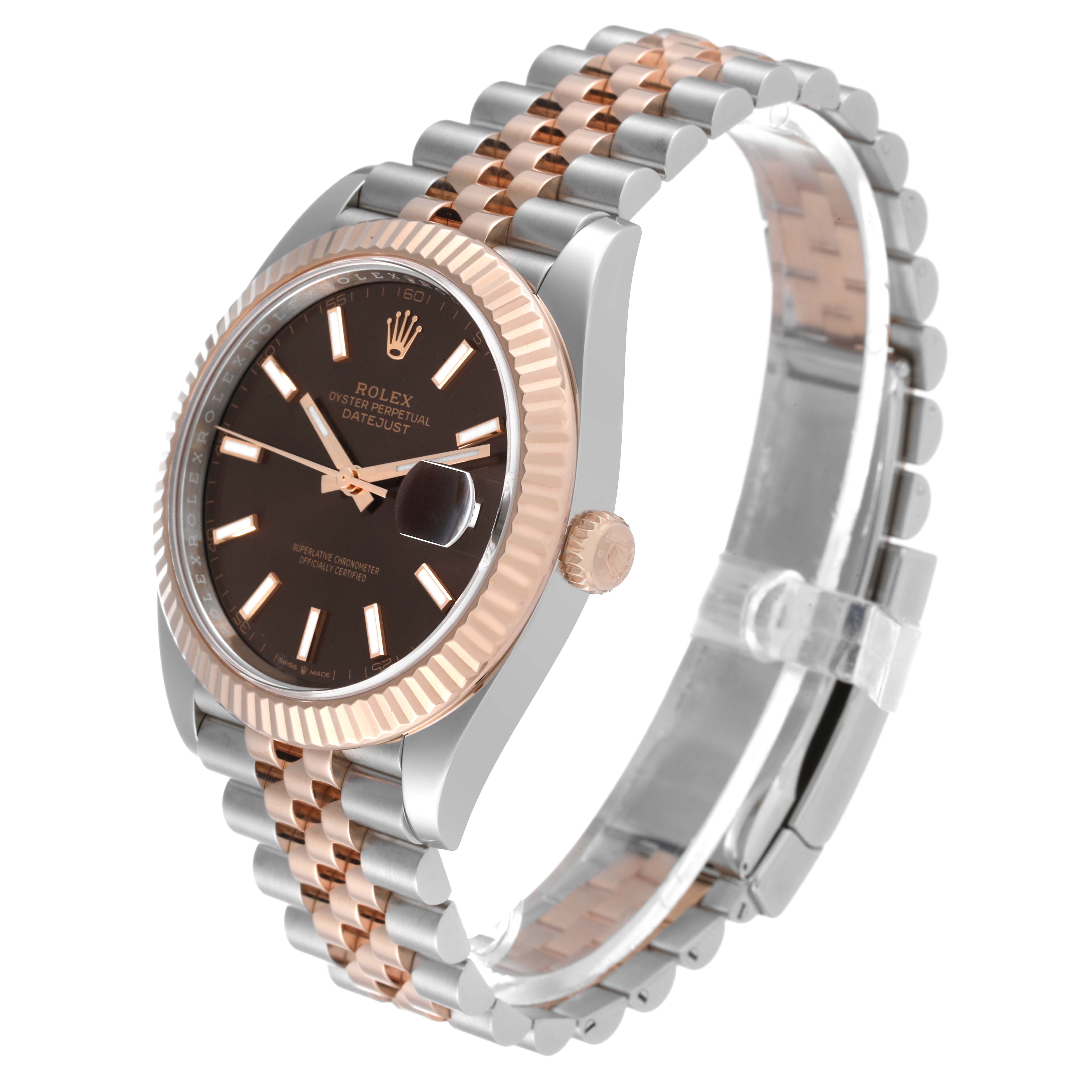 The image shows a Rolex Datejust 41 126331 Men's Steel and Gold (two tone) Brown Dial 126331 Men's Steel and Gold (two tone) Brown Dial watch at an angled side view, highlighting its two-tone bracelet, bezel, and dial.