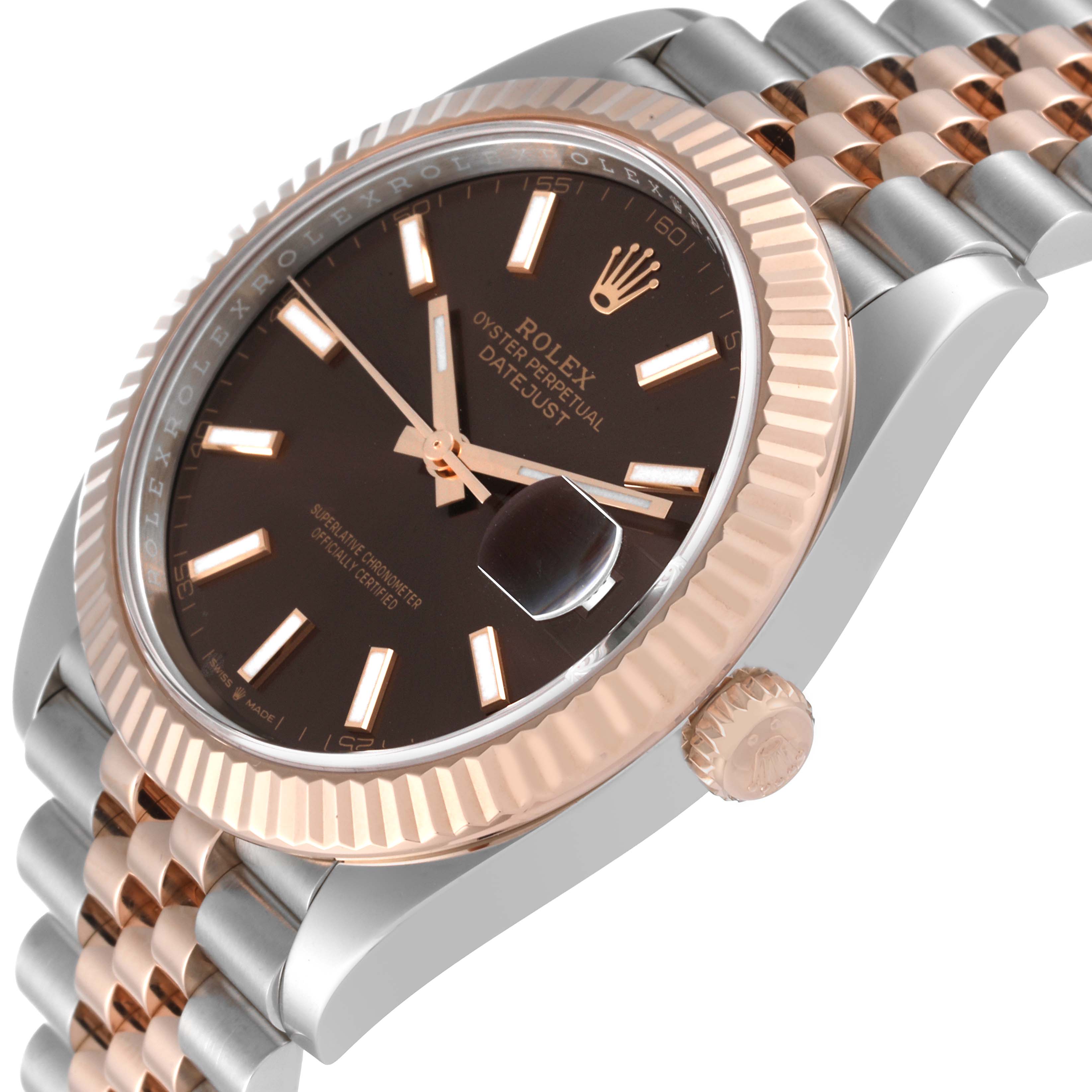 This image shows a close-up angle of the Rolex Datejust 41 126331 Men's Steel and Gold (two tone) Brown Dial 126331 Men's Steel and Gold (two tone) Brown Dial watch, highlighting its dial, bezel, and part of the bracelet.