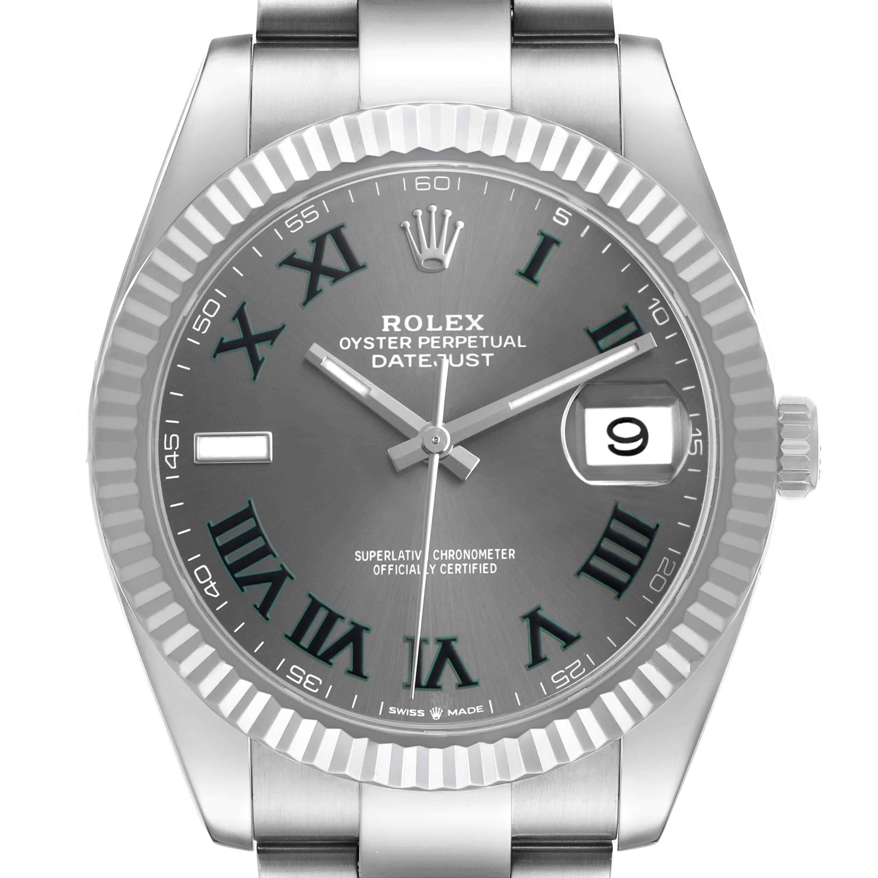 The Rolex Datejust 41 126334 Men's Stainless Steel Grey Dial is shown from the front, highlighting its dial, bezel, and bracelet.