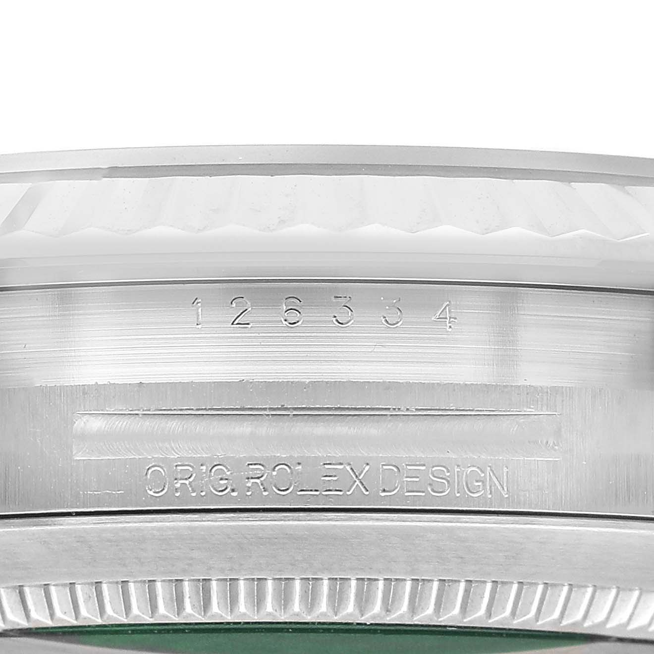 The image shows a close-up side view of the Rolex Datejust 41 126334 Men's Stainless Steel Grey Dial, highlighting model and design engravings.