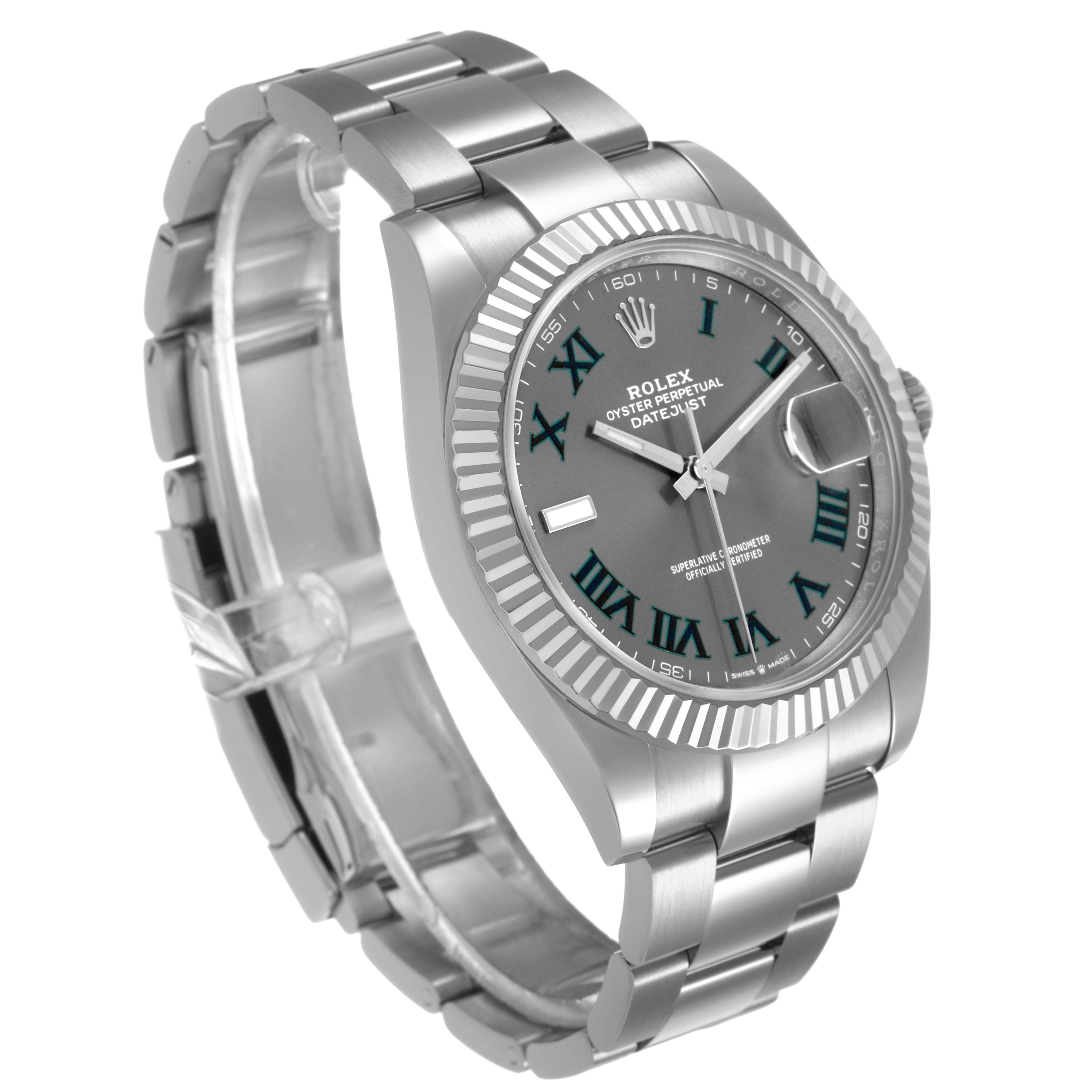 The Rolex Datejust 41 126334 Men's Stainless Steel Grey Dial is shown in a three-quarter view, highlighting the dial, bezel, and part of the bracelet.