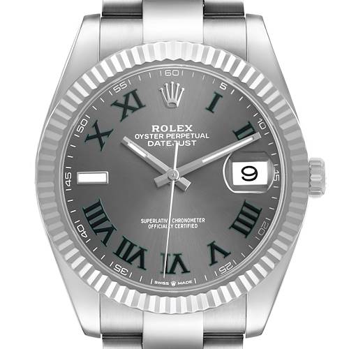 The Rolex Datejust 41 126334 Men's Stainless Steel Grey Dial is shown from a front angle, highlighting the dial, bezel, hands, Roman numerals, and date window.