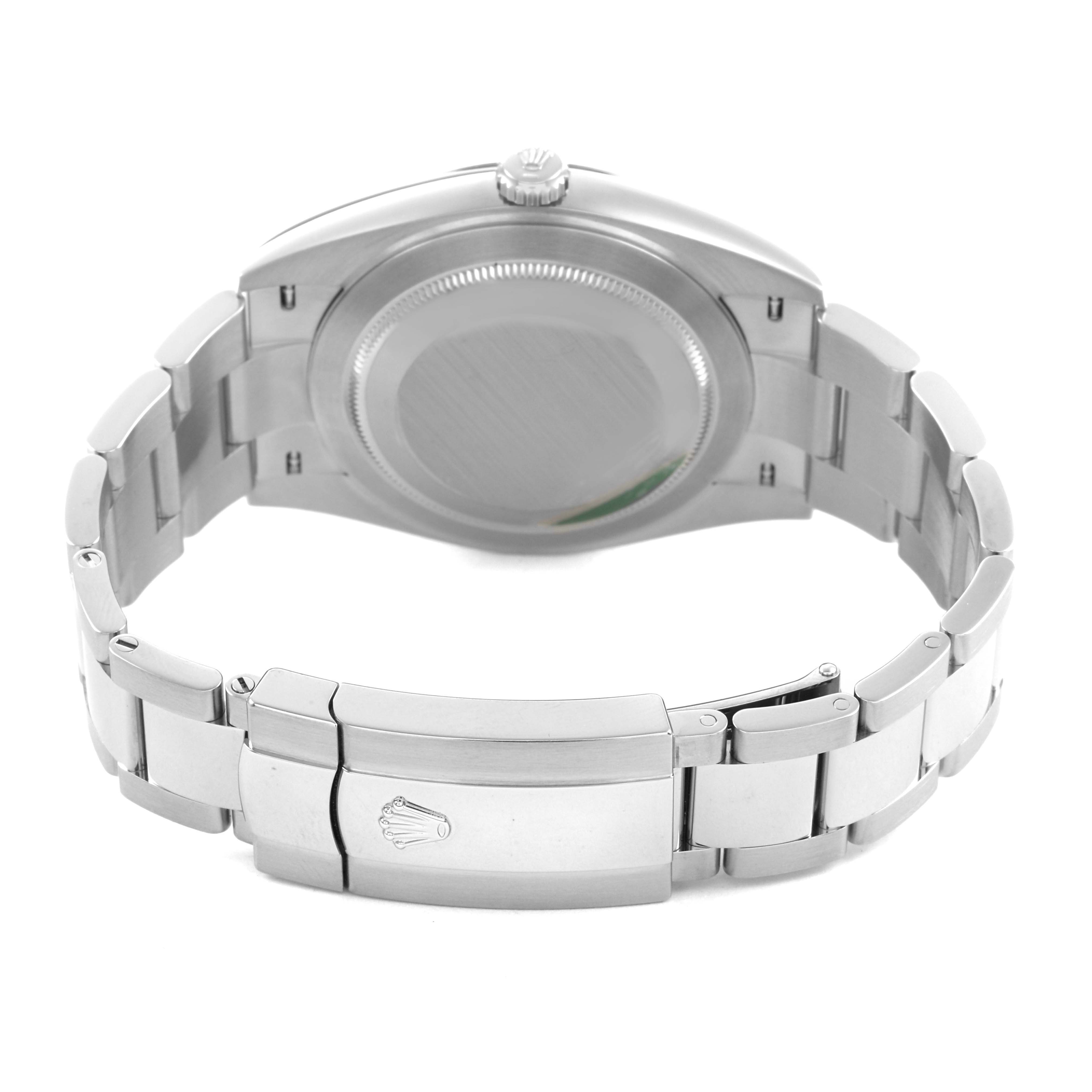 The image shows the back view of the Rolex Datejust 41 126334 Men's Stainless Steel Grey Dial, highlighting the case back and bracelet clasp.