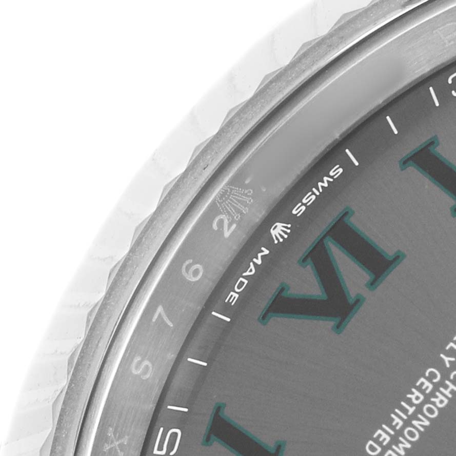 The image shows a close-up of the dial and bezel edge of a Rolex Datejust 41 126334 Men's Stainless Steel Grey Dial, highlighting Roman numerals and the "Swiss Made" text.