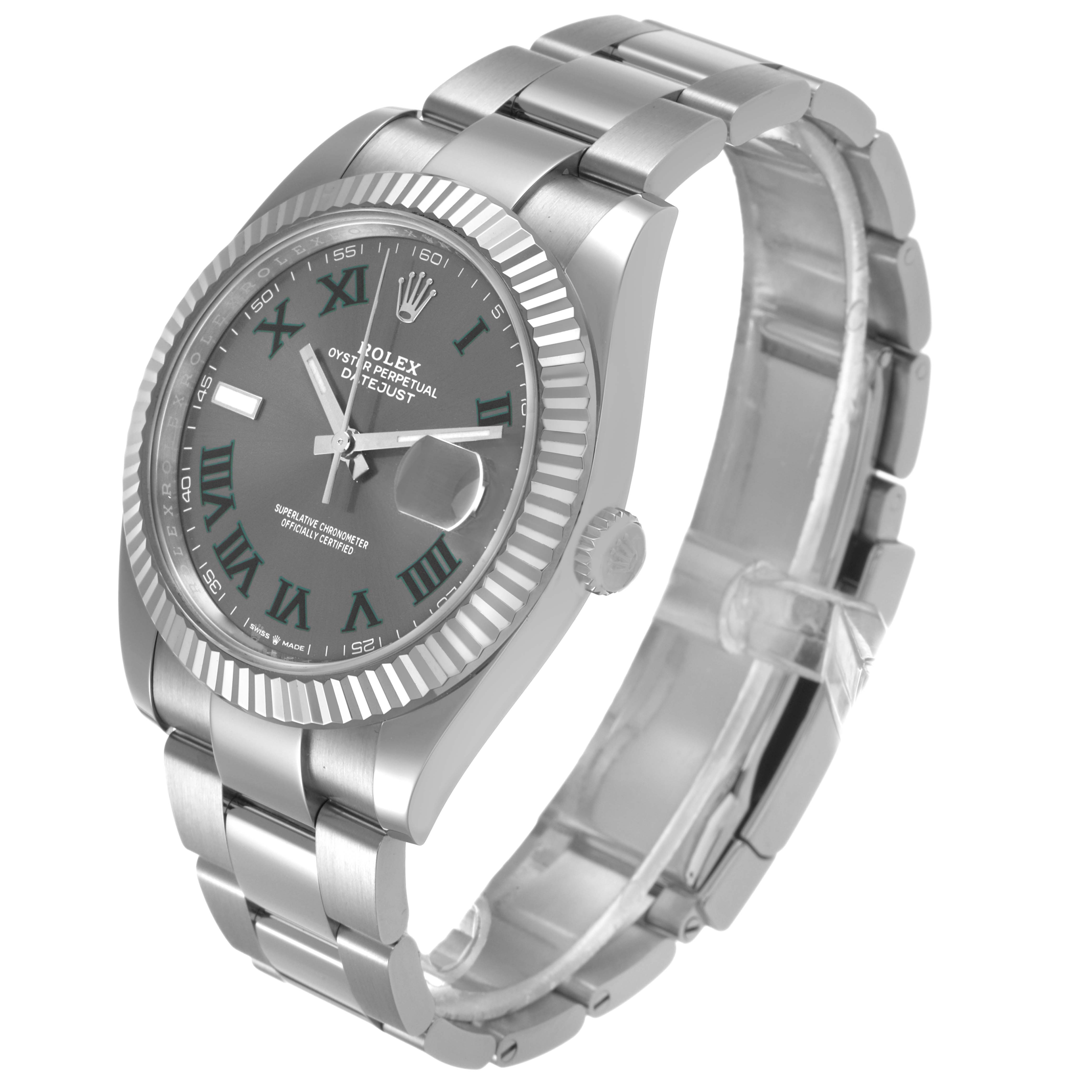 The Rolex Datejust 41 126334 Men's Stainless Steel Grey Dial is shown at a three-quarter angle, highlighting the dial, fluted bezel, and bracelet.