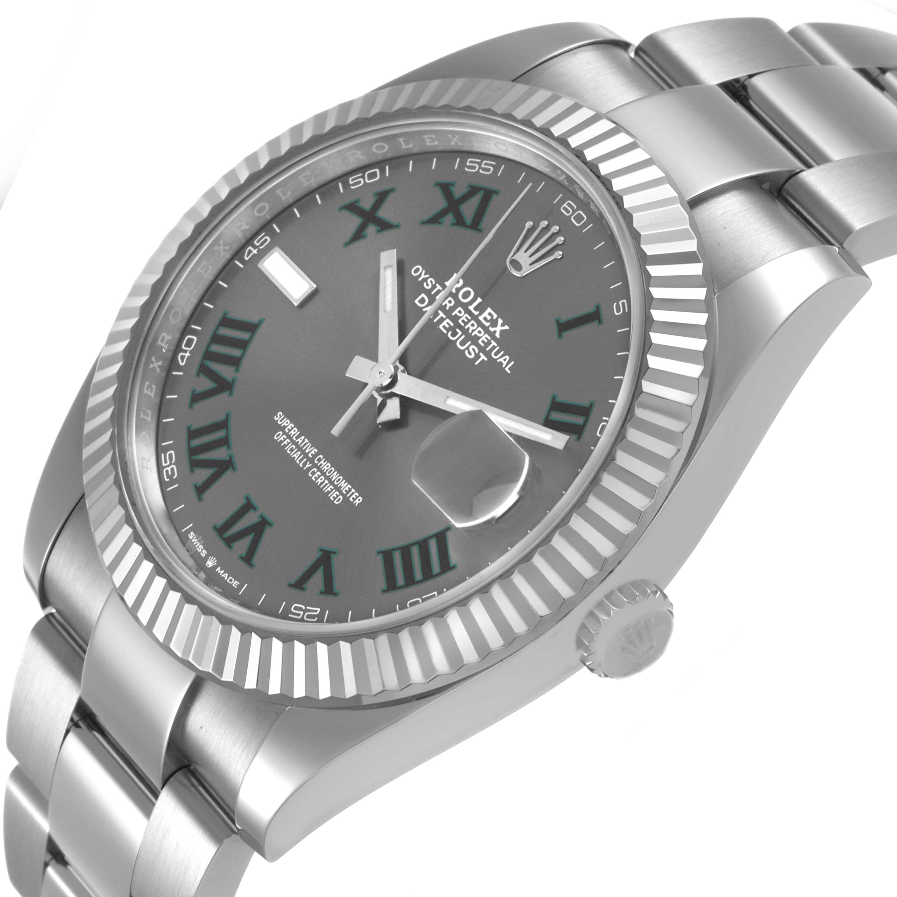 The Rolex Datejust 41 126334 Men's Stainless Steel Grey Dial is shown at an angled view highlighting the dial, fluted bezel, and part of the bracelet.