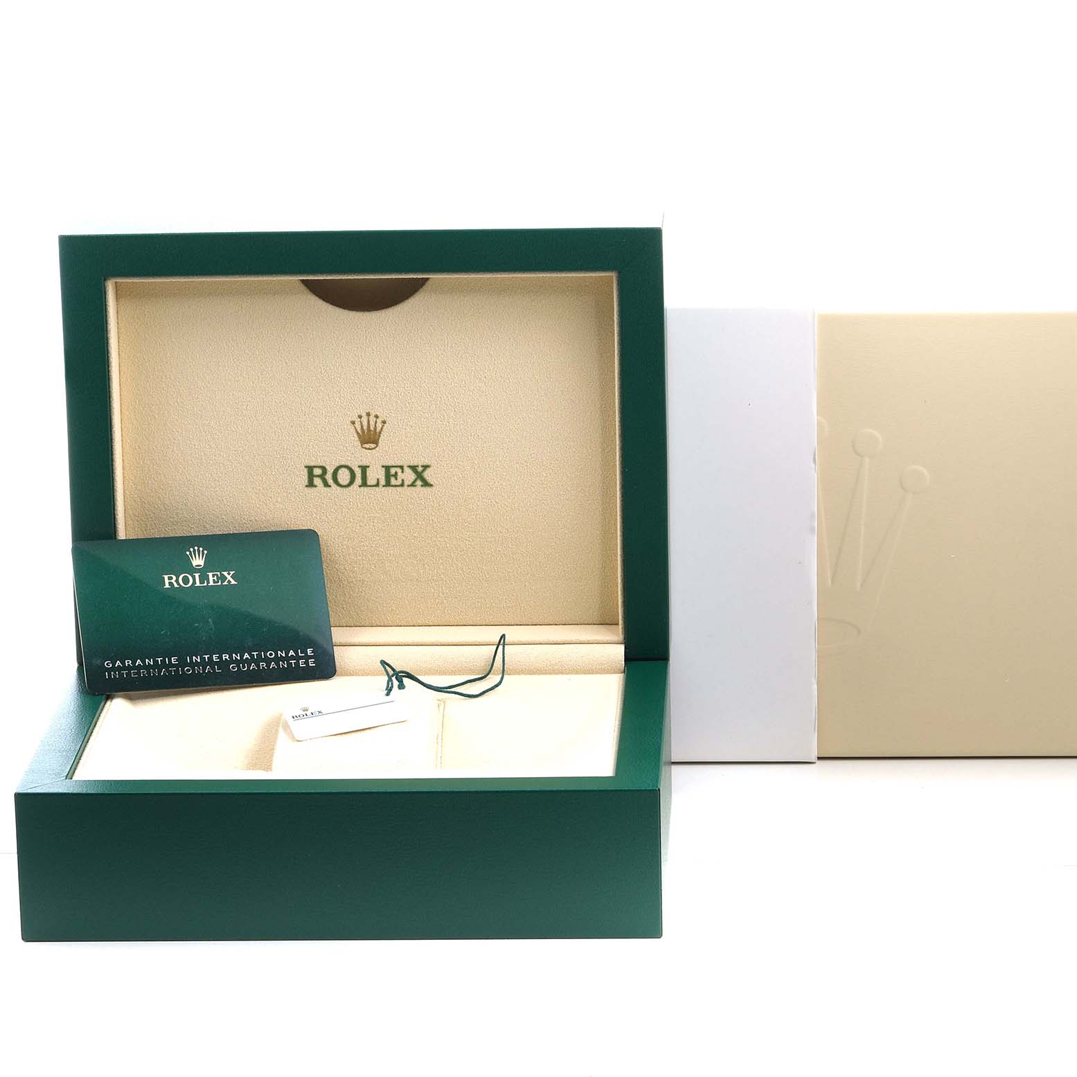 The image shows an open box for the Rolex Datejust 41 126334 Men's Stainless Steel Grey Dial, featuring its packaging and guarantee card.