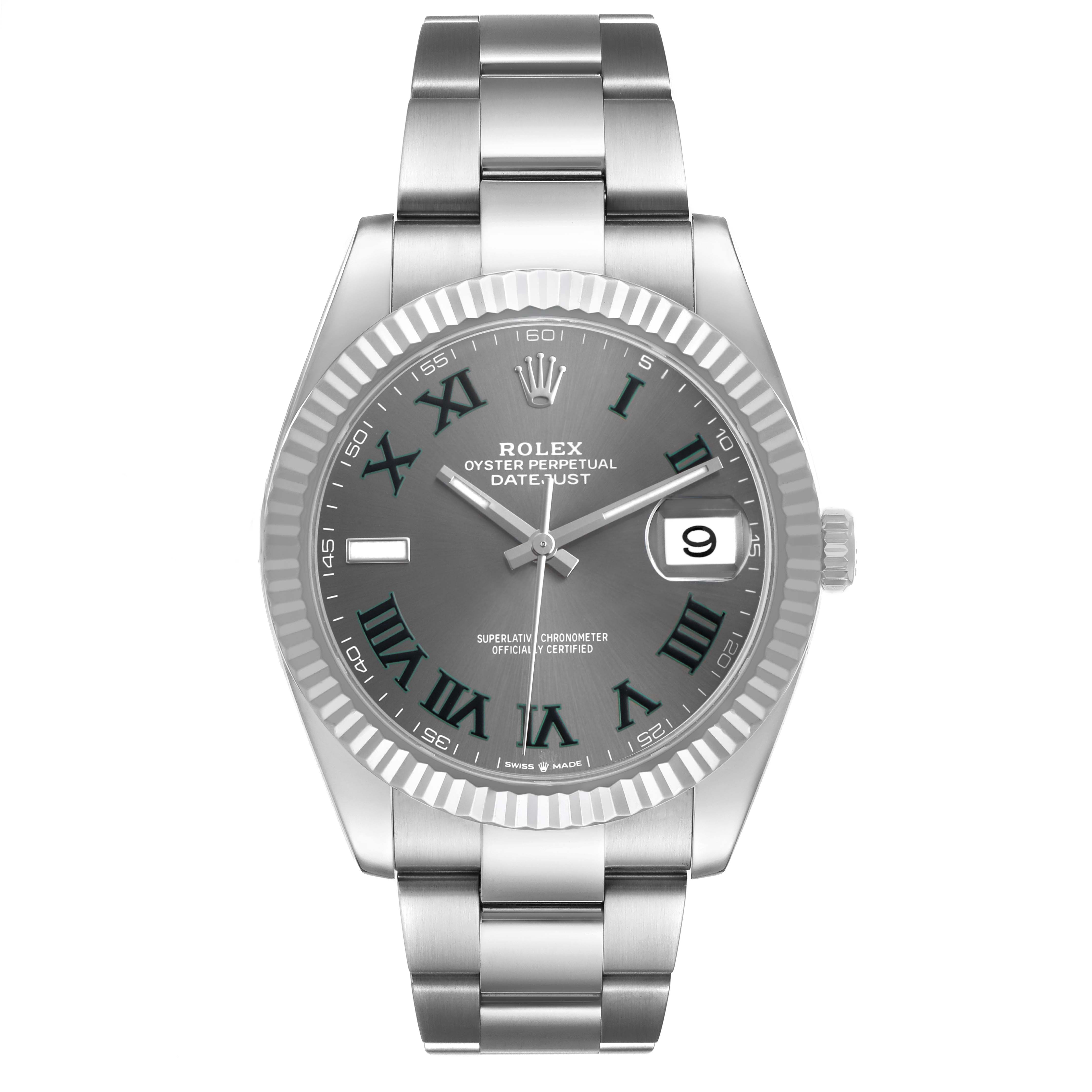 The Rolex Datejust 41 126334 Men's Stainless Steel Grey Dial watch is shown face-on, displaying the full bracelet, fluted bezel, and dial with Roman numerals and date.