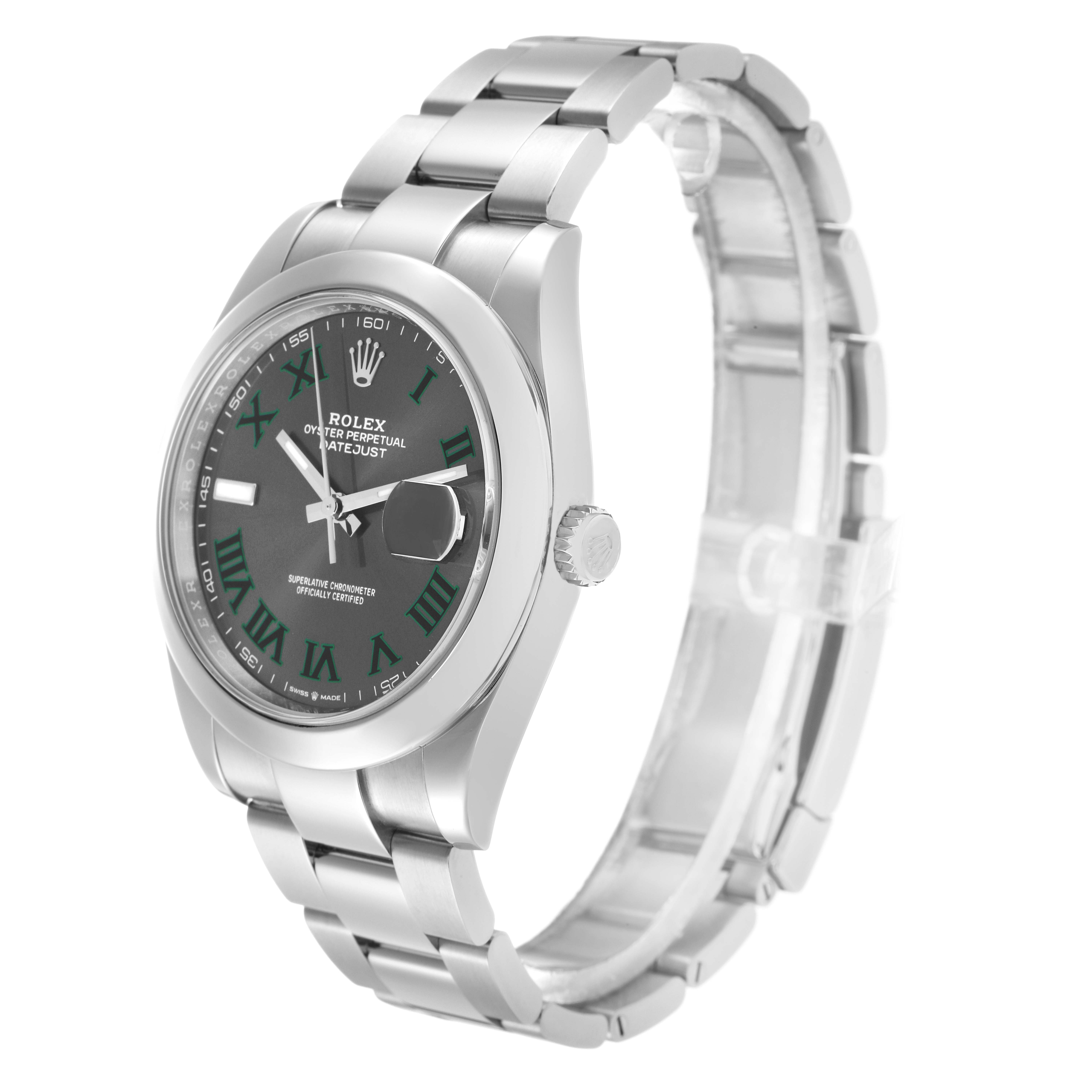 The Rolex Datejust 41 126300 Men
s Stainless Steel Grey Dial is shown from a three-quarter angle, displaying the dial, bezel, crown, and metal bracelet.