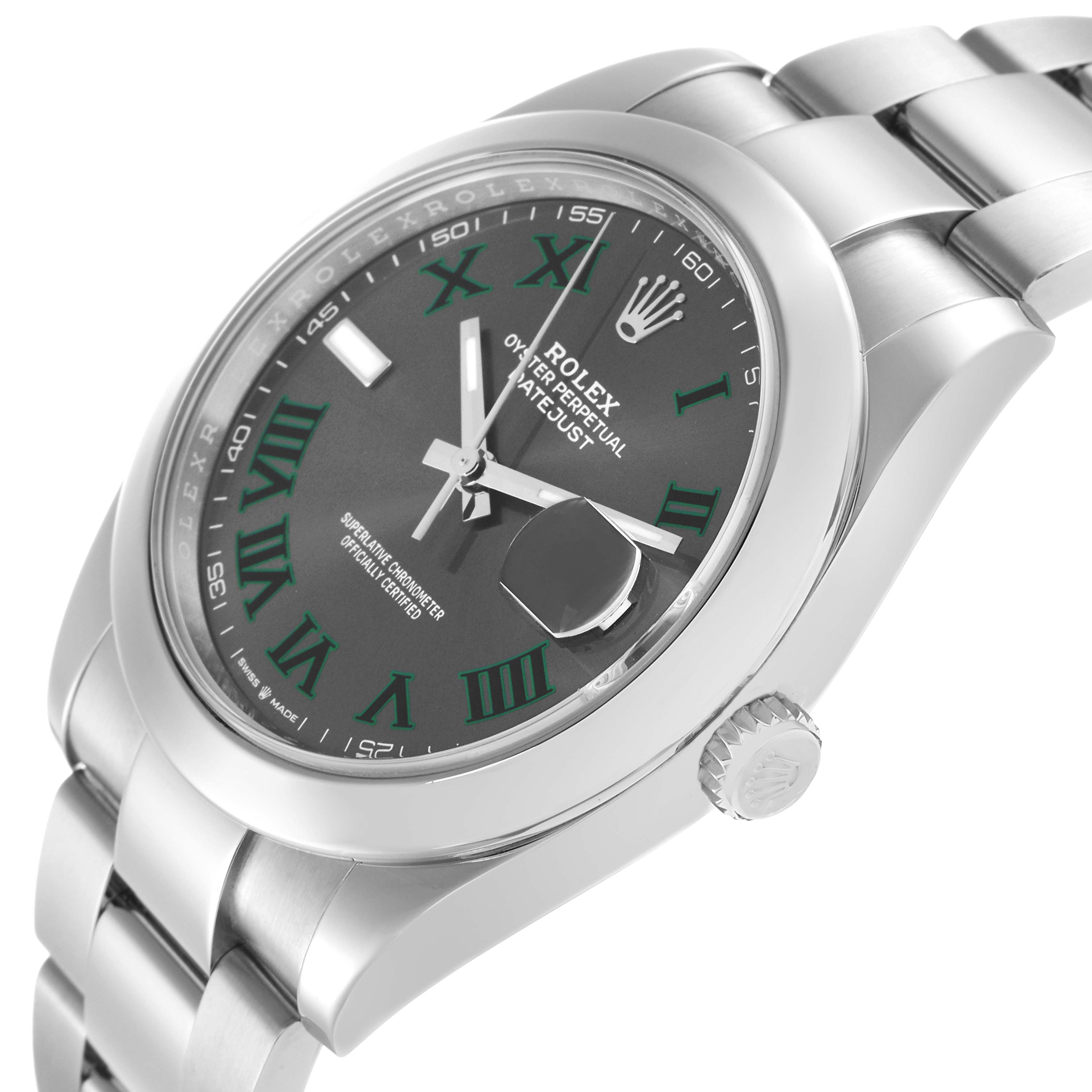 The Rolex Datejust 41 126300 Men
s Stainless Steel Grey Dial is shown at a slight angle highlighting the dial, bezel, and part of the bracelet.