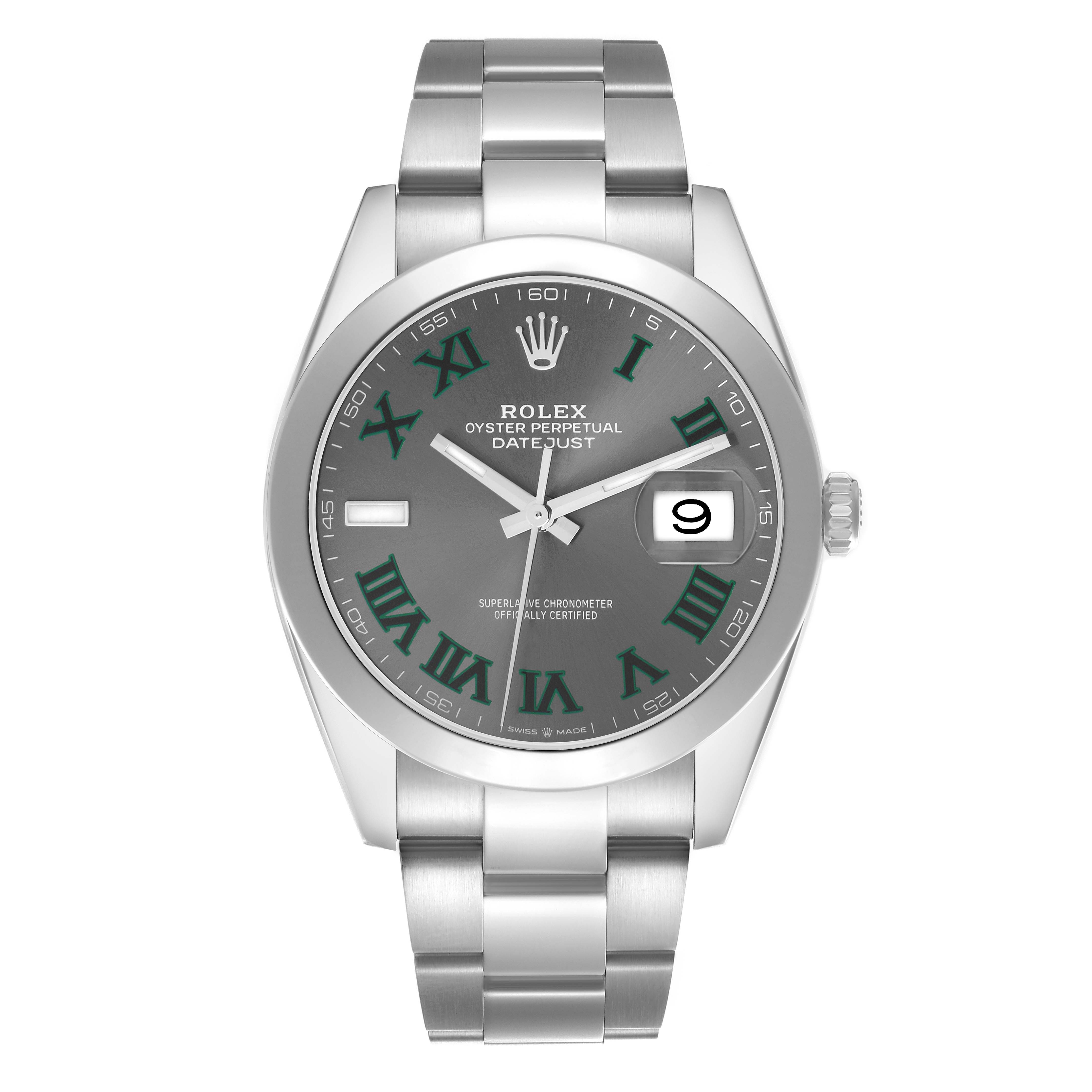This Rolex Datejust 41 126300 Men
s Stainless Steel Grey Dial watch is shown from a front angle, displaying its dial, bezel, and bracelet.