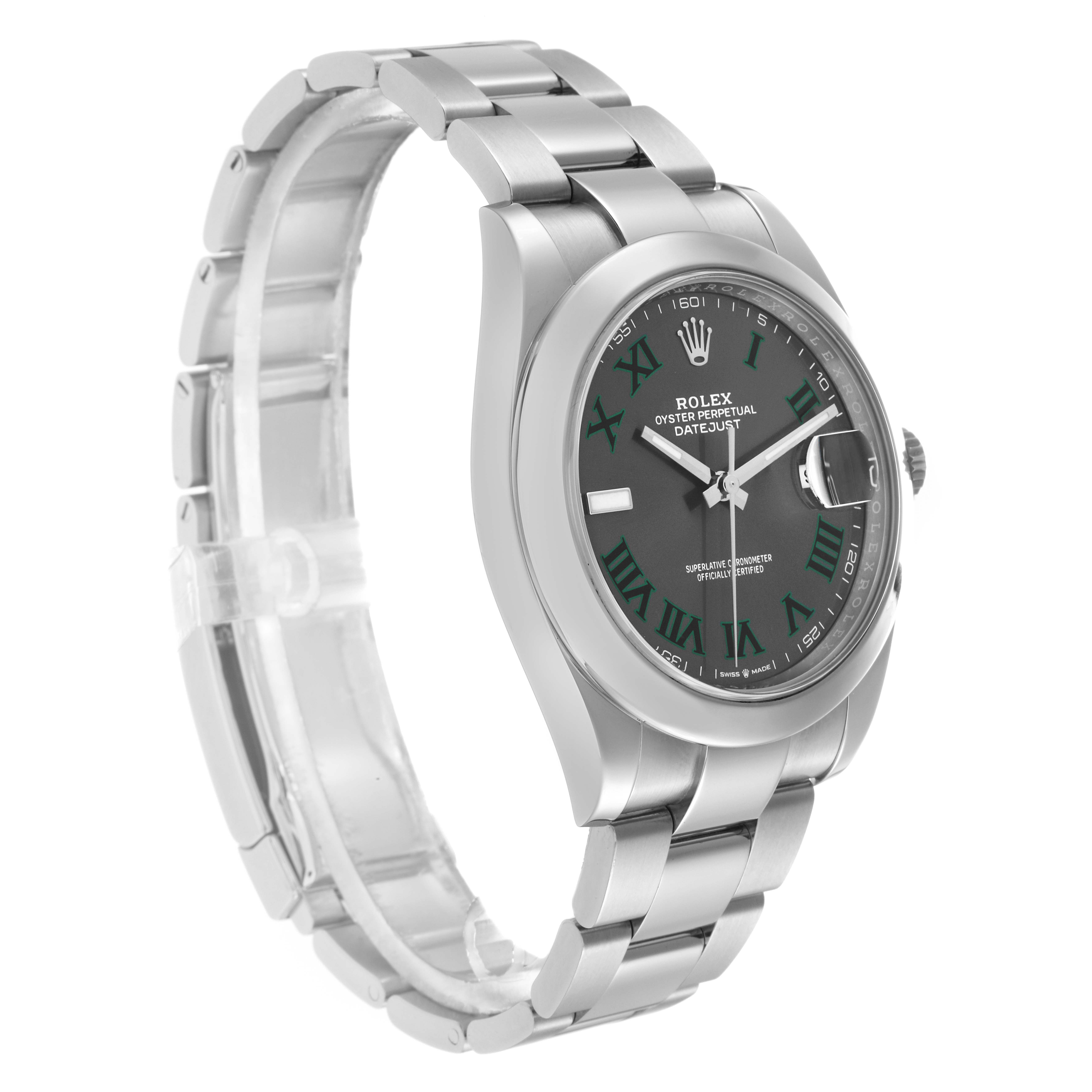 The Rolex Datejust 41 126300 Men
s Stainless Steel Grey Dial is shown at a slight side angle, highlighting the face, case, and bracelet.