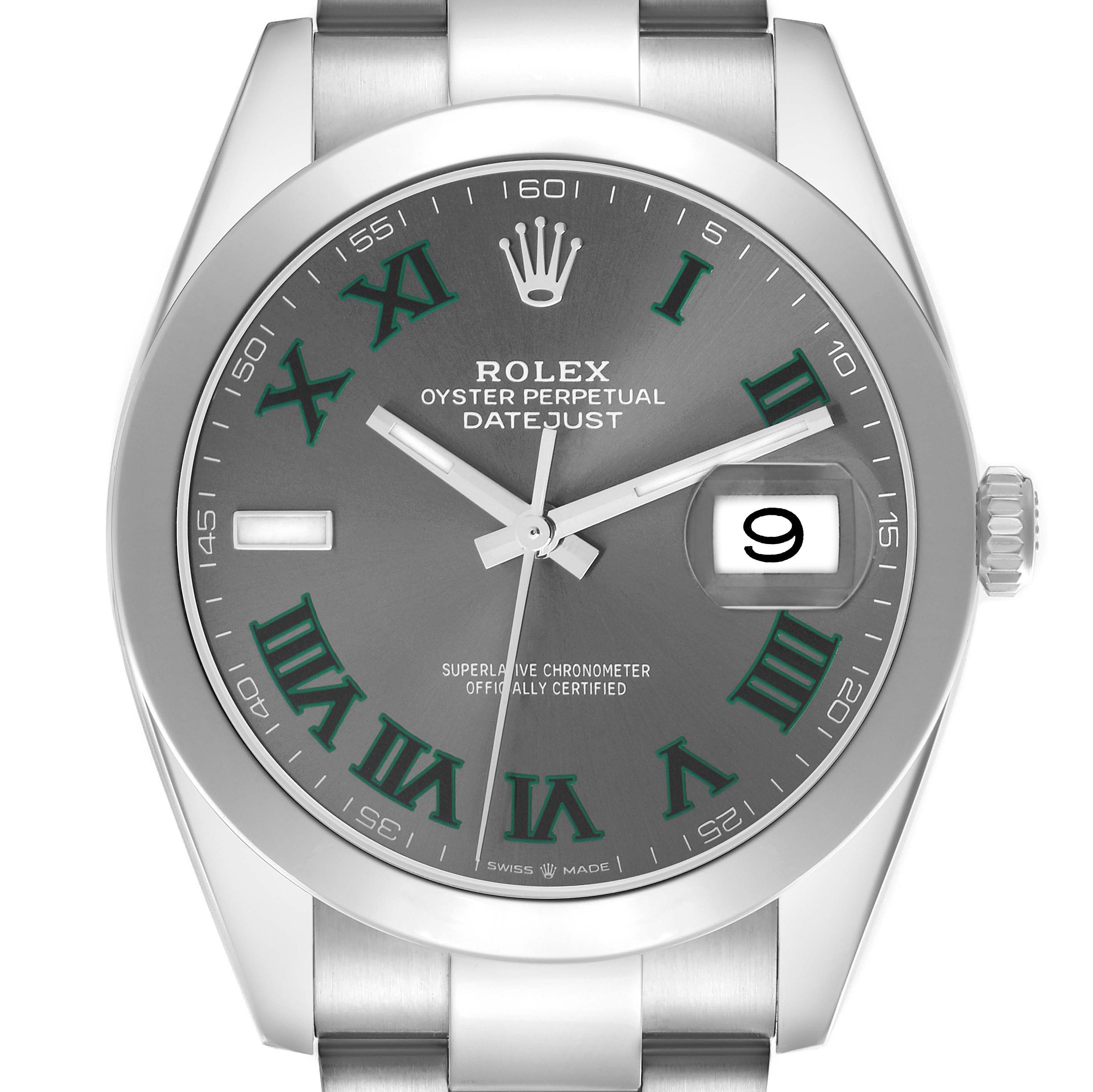 The Rolex Datejust 41 126300 Men
s Stainless Steel Grey Dial watch is shown from a top-down angle, highlighting its dial, hour markers, hands, date window, and bezel.
