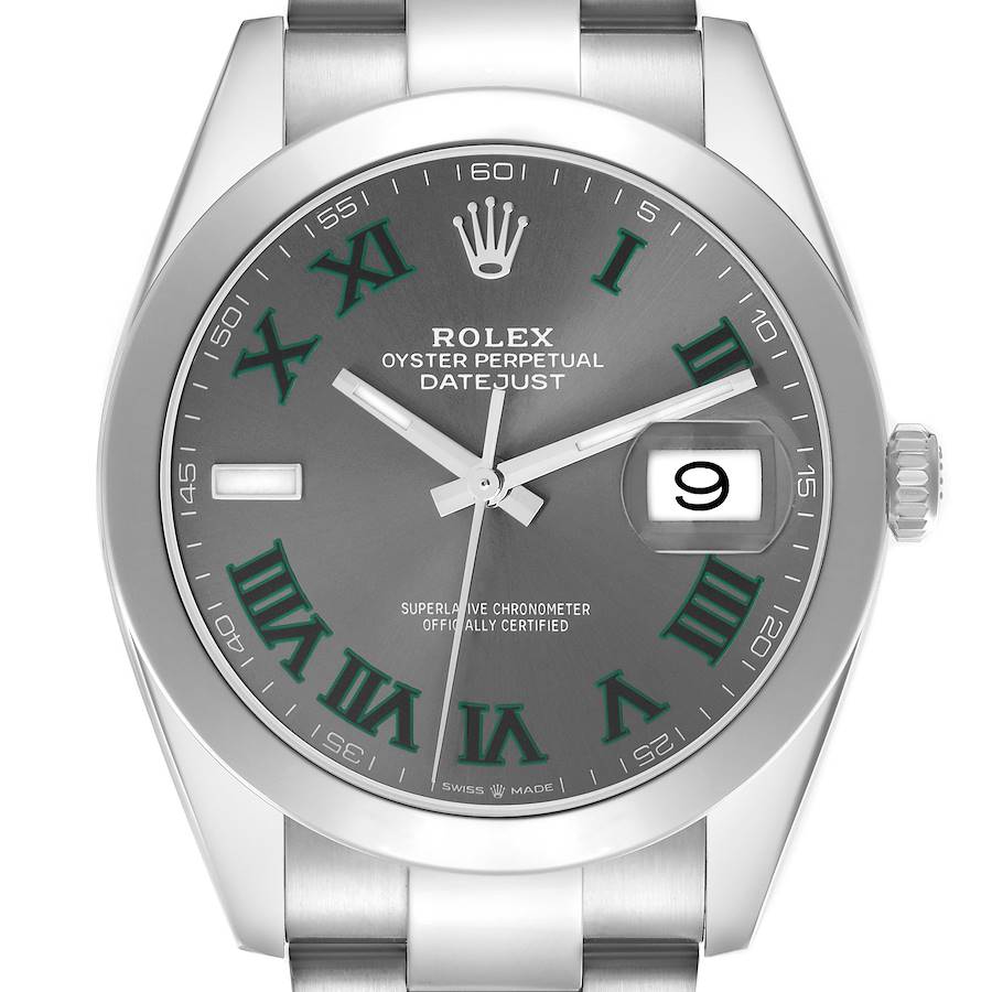 The Rolex Datejust 41 model 126300 is shown from a straight-on angle, highlighting the dial, hands, Roman numerals, crown, and bracelet.