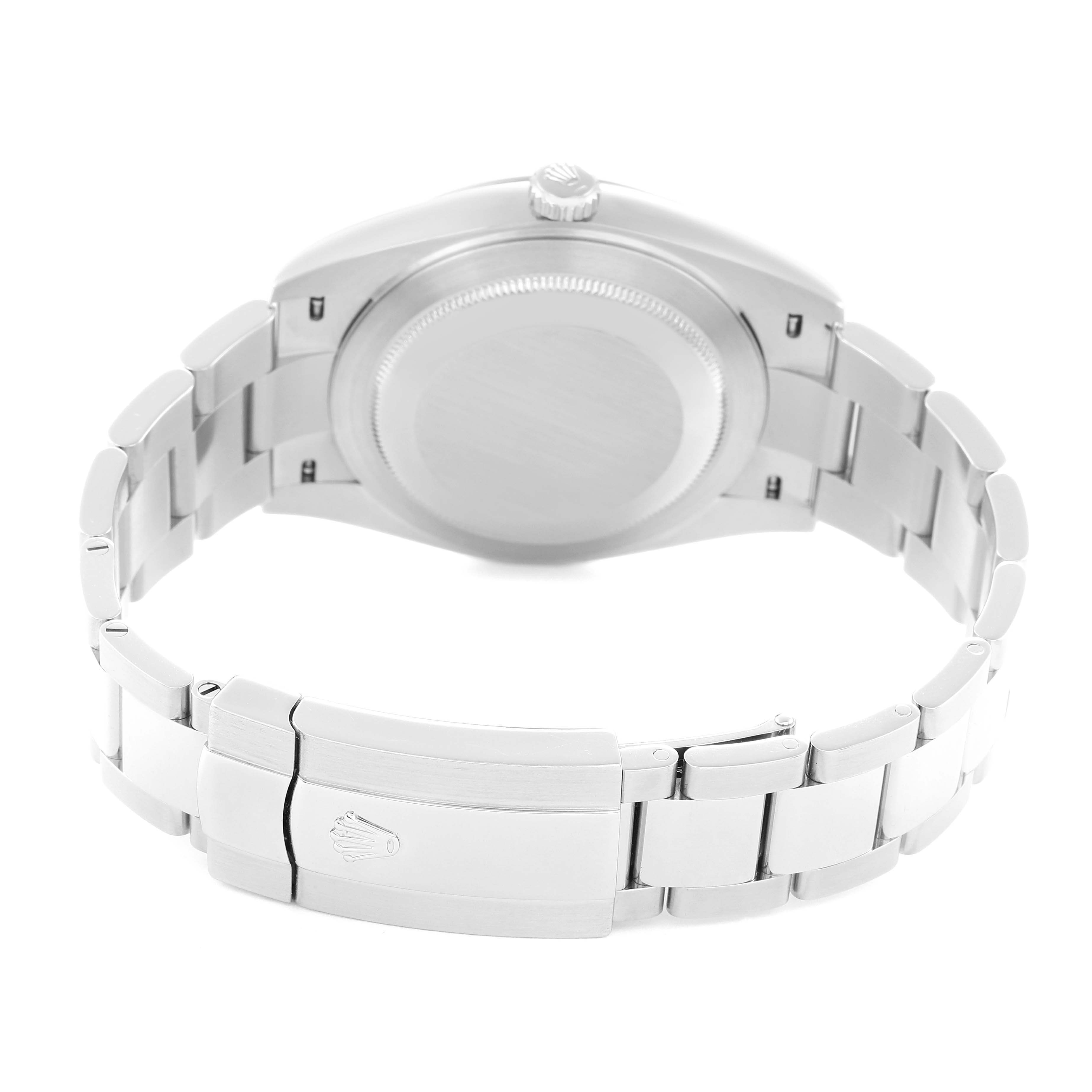 The image shows the back view of a Rolex Datejust 41 126300 Men
s Stainless Steel Grey Dial, highlighting the case back, bracelet, and clasp.