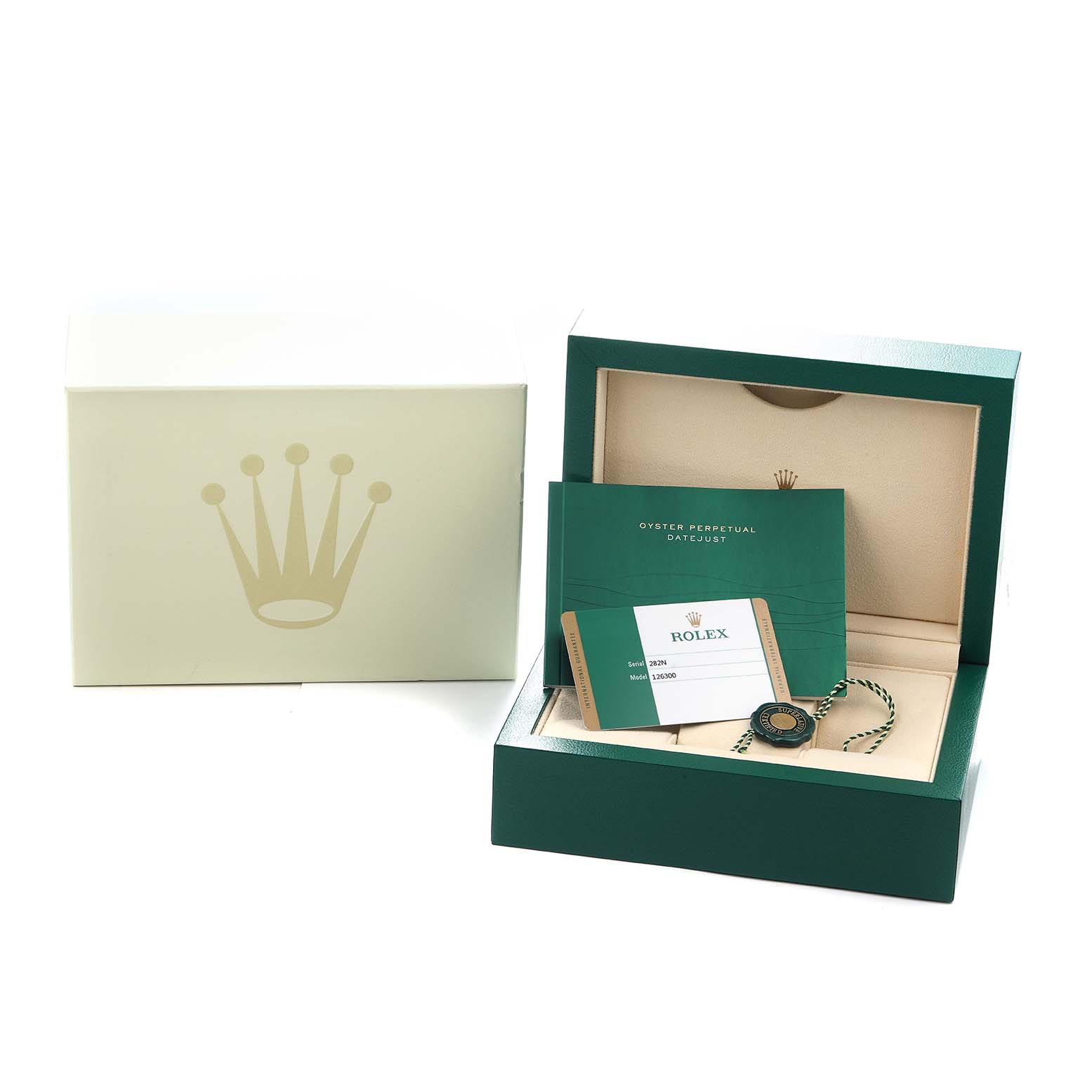 The image shows the packaging and accessories for a Rolex Datejust 41 126300 Men
s Stainless Steel Grey Dial, including a box, booklet, and tag.