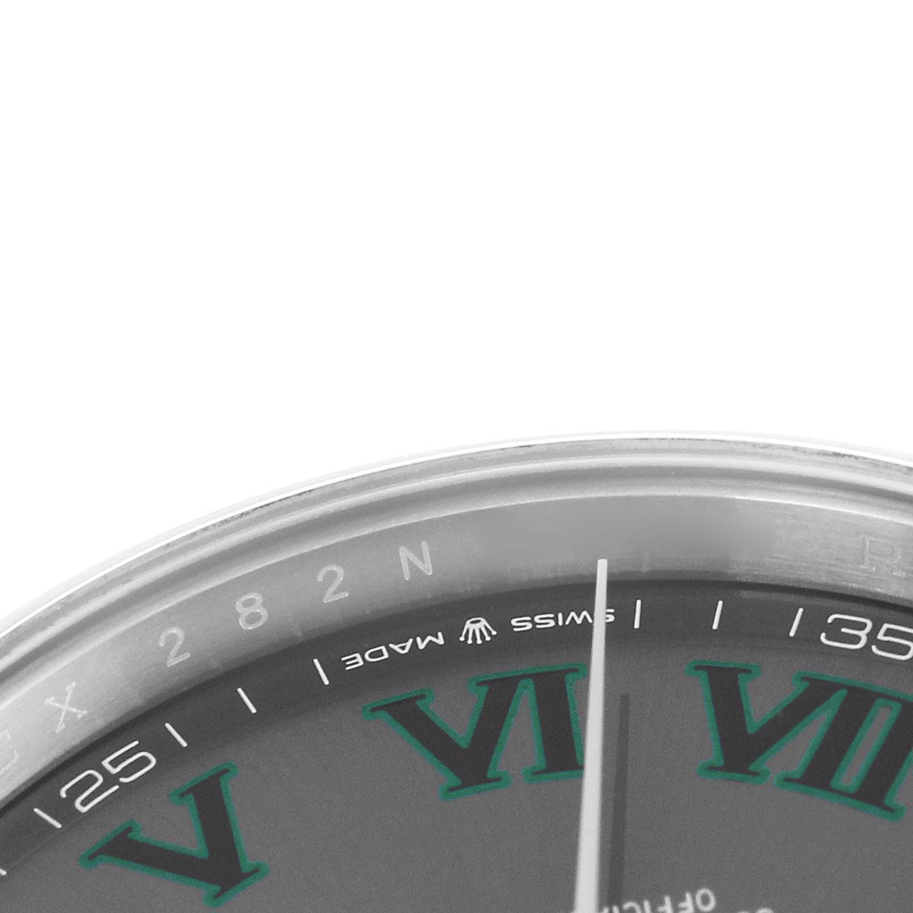 The image shows a close-up of the Rolex Datejust 41 126300 Men
s Stainless Steel Grey Dial
s dial, highlighting the hour markers and seconds hand.