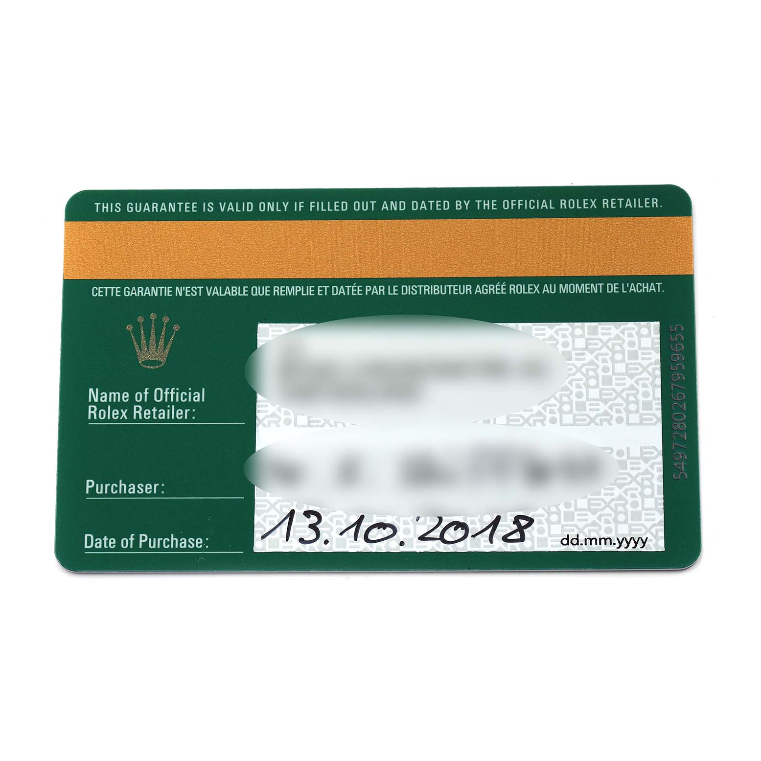 The image shows the guarantee card for a Rolex Datejust 41 126300 Men
s Stainless Steel Grey Dial watch, including retailer and purchase details.