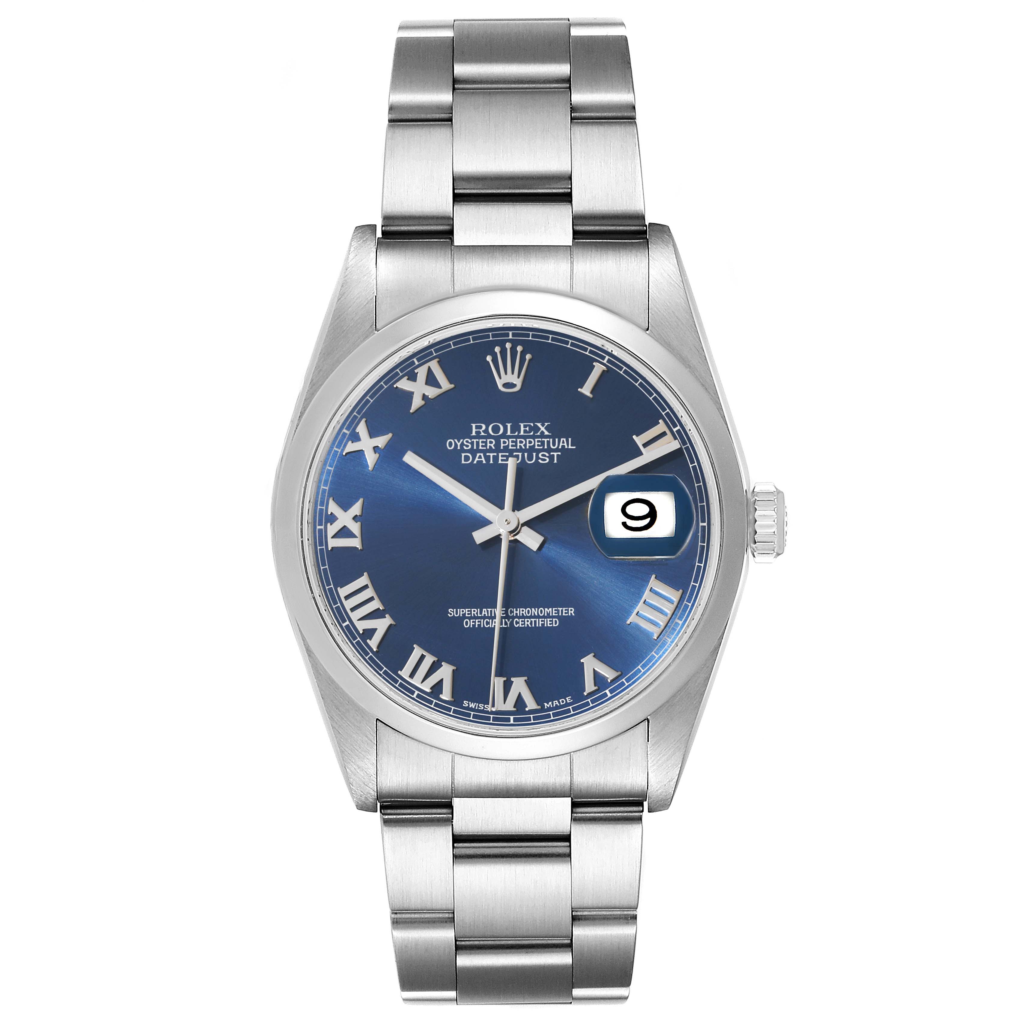 This image shows a Rolex Datejust 16200 Men's Stainless Steel Blue Dial 16200 Men's Stainless Steel Blue Dial watch from the front, highlighting its blue dial, stainless steel bracelet, and date display.