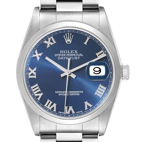 This is a front view of a Rolex Datejust watch showing the blue dial, Roman numerals, and date display.