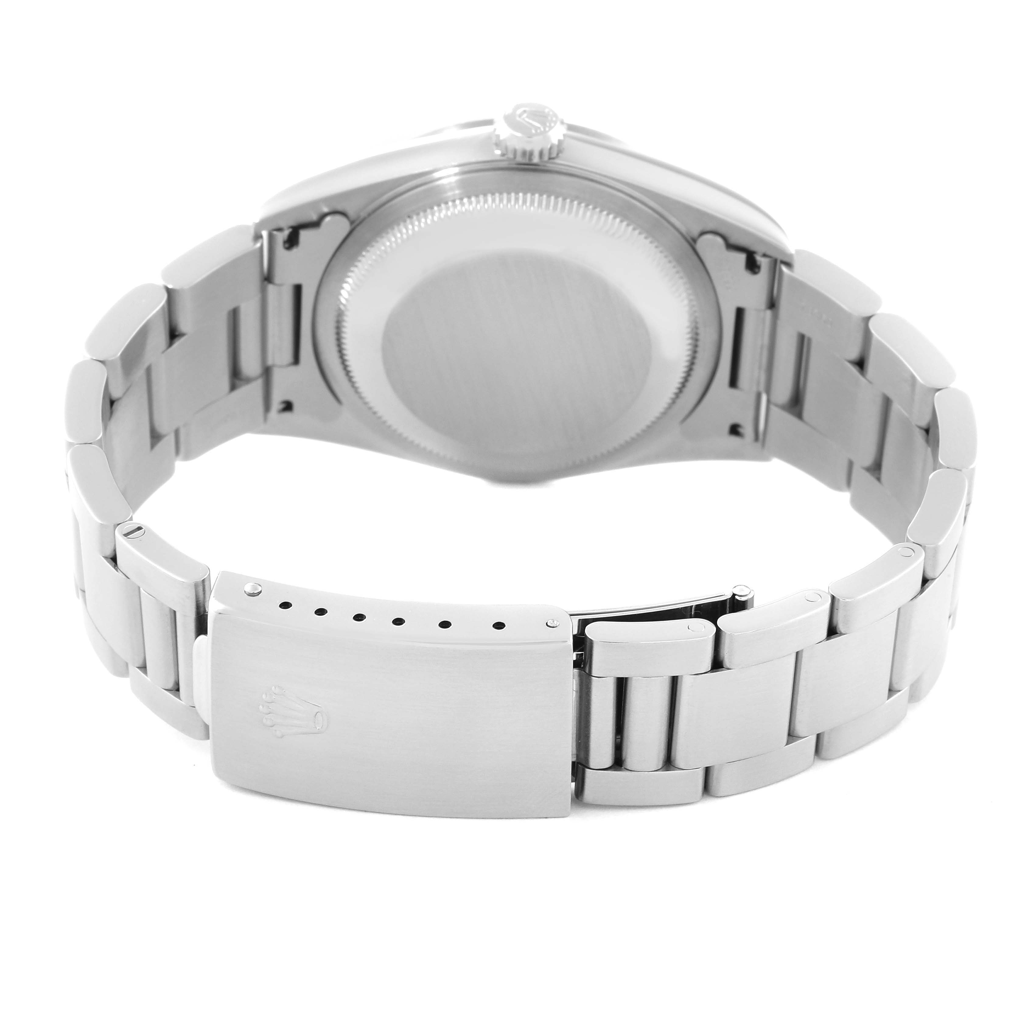 This image shows the back and clasp of a Rolex Datejust 16200 Men's Stainless Steel Blue Dial 16200 Men's Stainless Steel Blue Dial watch, focusing on the metal bracelet and the case back.