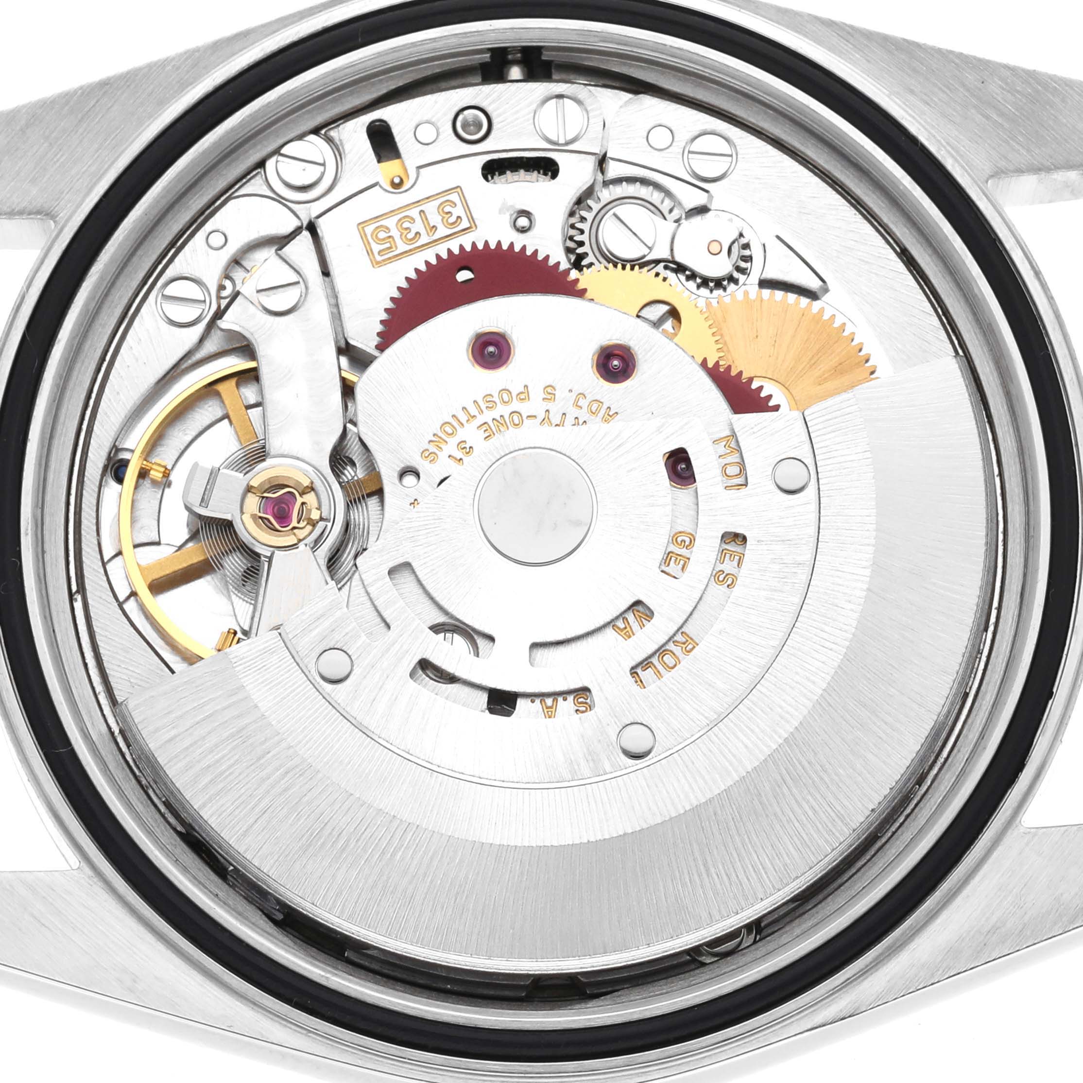 This image shows the intricate movement mechanism of a Rolex Datejust 16200 Men's Stainless Steel Blue Dial 16200 Men's Stainless Steel Blue Dial watch from a back view, highlighting the gears and components.